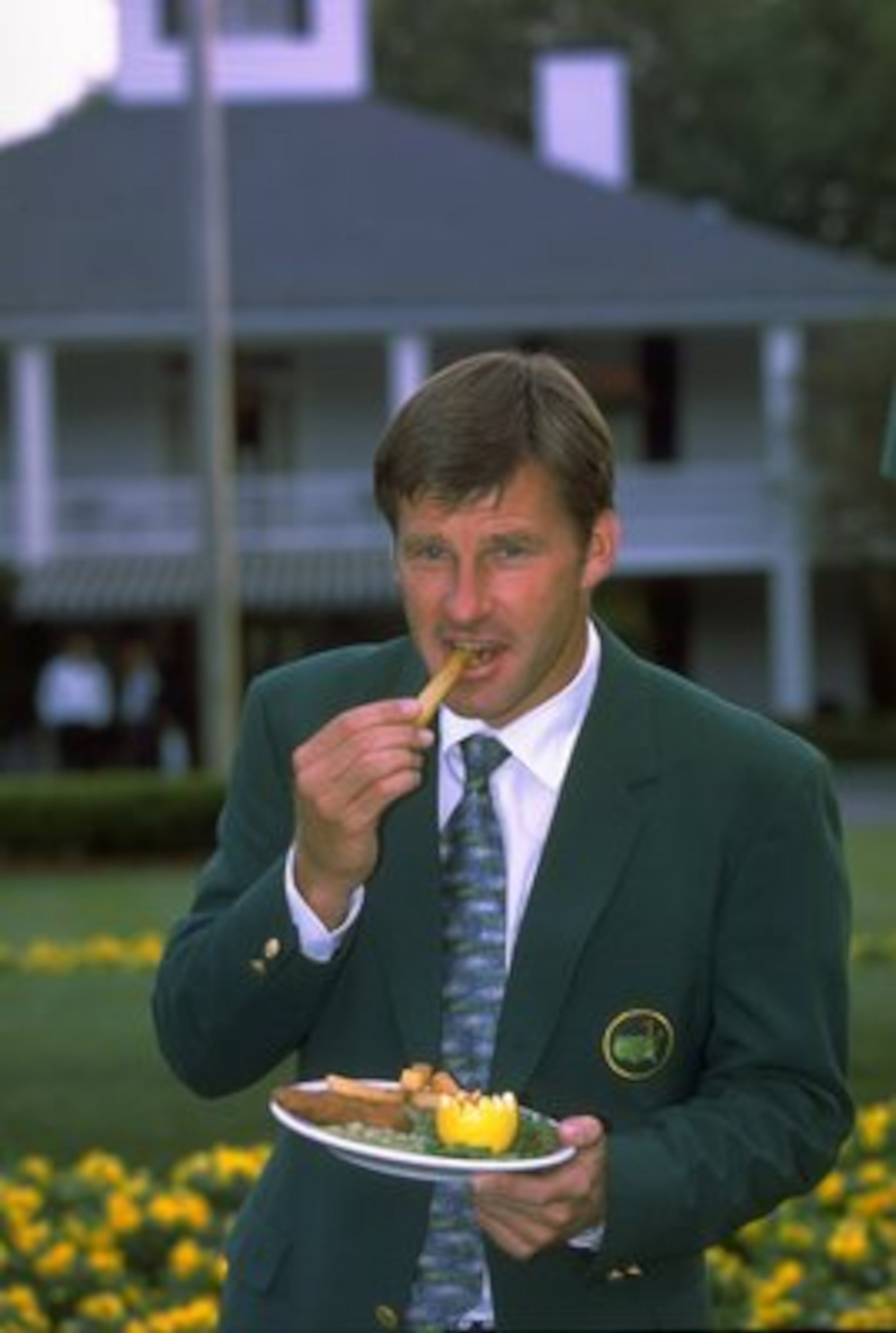 7 Apr 1997: 1996 US Masters champion Nick Faldo of Great Britain with a traditional British meal of fish and chips before the start of the US Masters at Augusta, Georgia. \ Mandatory Credit: David Cannon /Allsport 7 Apr 1997: 1996 US Masters champion Nick Faldo of Great Britain with a traditional British meal of fish and chips before the start of the US Masters at Augusta, Georgia. \ Mandatory Credit: David Cannon /Allsport