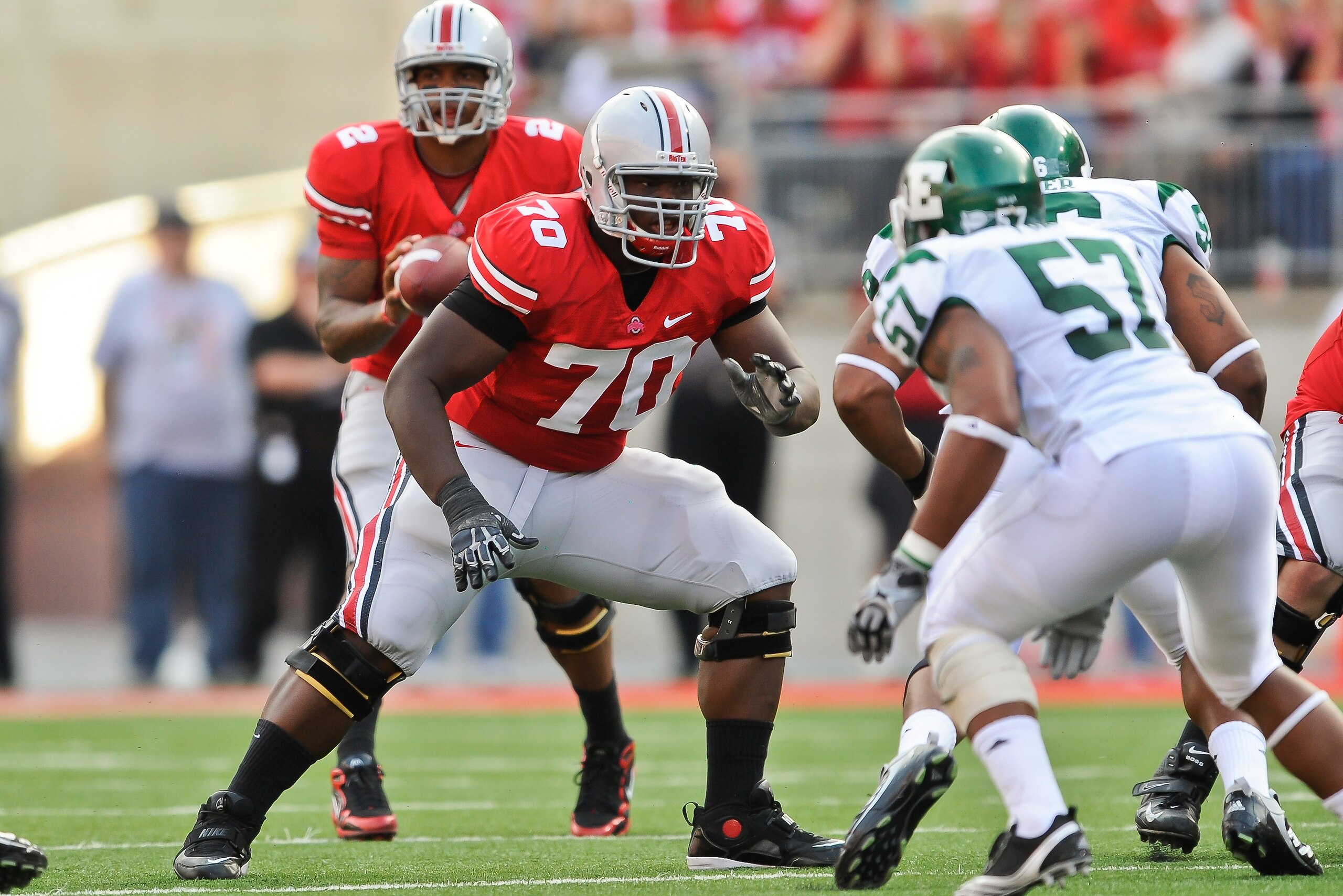 COLUMBUS, OH - SEPTEMBER 25: Bryant Browning #70 of the Ohio State Buckeyes blocks against the Eastern Michigan Eagles at Ohio Stadium on September 25, 2010 in Columbus, Ohio. Ohio State won 73-20. (Photo by Jamie Sabau/Getty Images) COLUMBUS, OH - SEPTEMBER 25: Bryant Browning #70 of the Ohio State Buckeyes blocks against the Eastern Michigan Eagles at Ohio Stadium on September 25, 2010 in Columbus, Ohio. Ohio State won 73-20. (Photo by Jamie Sabau/Getty Images)