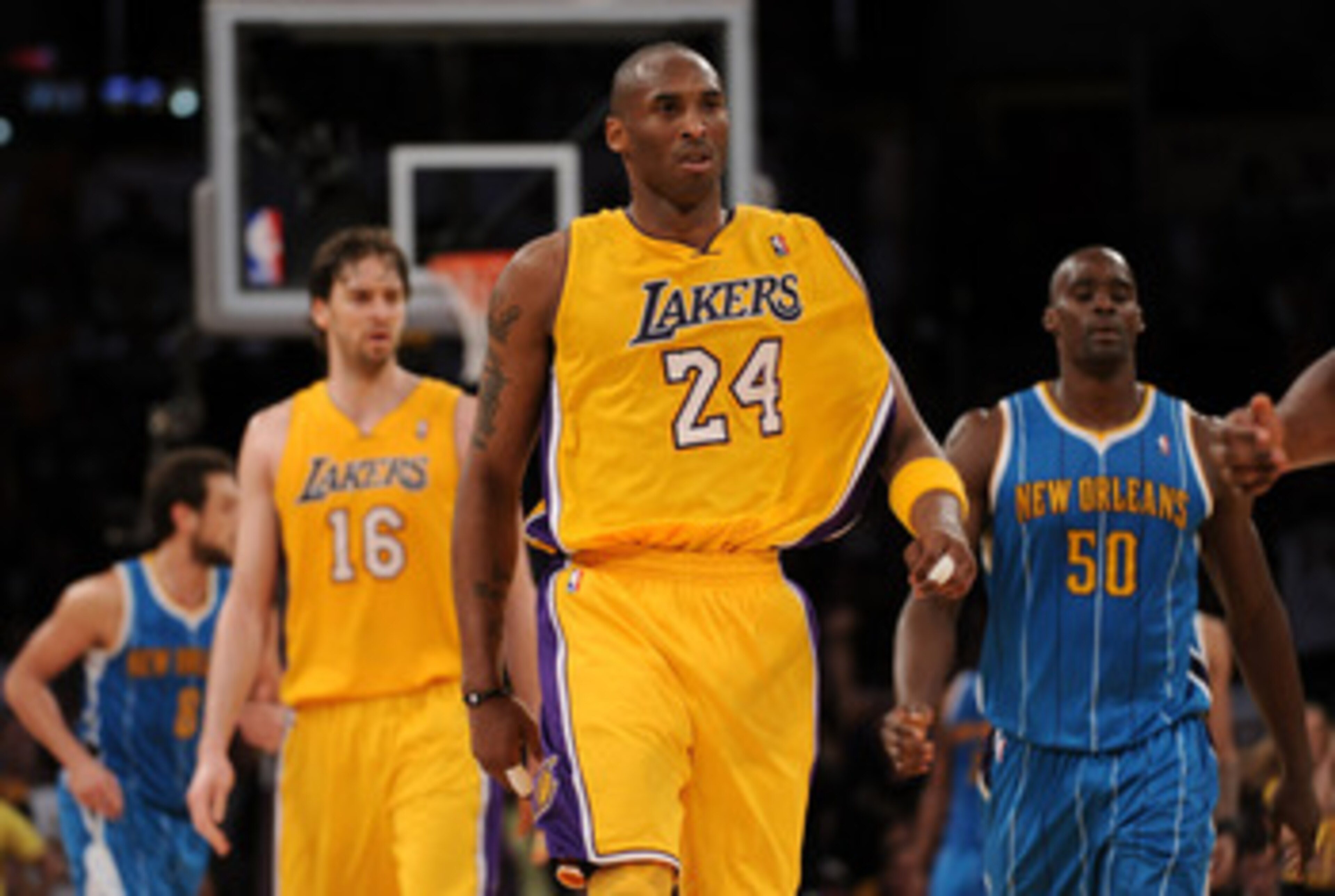 LOS ANGELES, CA - APRIL 26:  Kobe Bryant #24 of the Los Angeles Lakers looks on in the third quarter while taking on the New Orleans Hornets in Game Five of the Western Conference Quarterfinals in the 2011 NBA Playoffs on April 26, 2011 at Staples Center