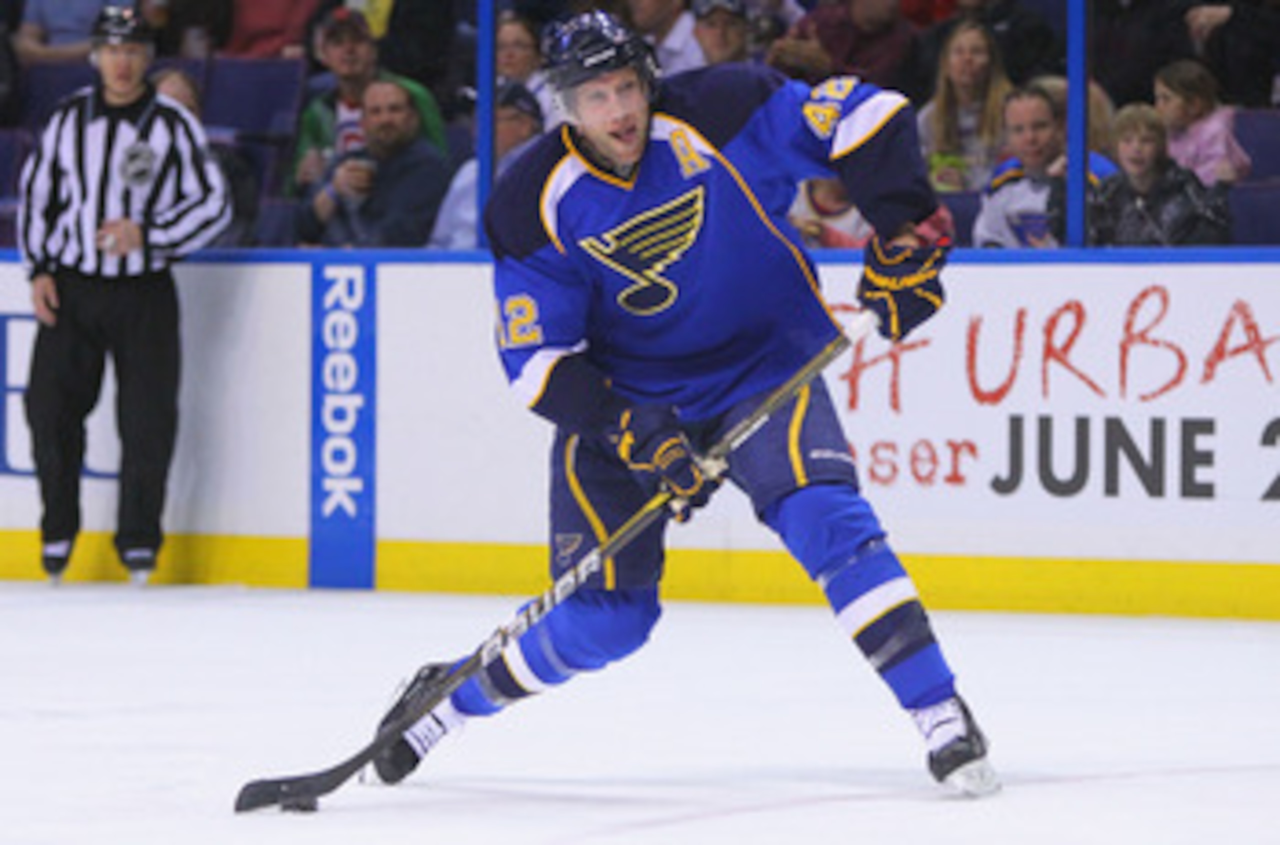 ST. LOUIS, MO - APRIL 5: David Backes #42 of the St. Louis Blues takes a shot on goal against the Colorado Avalanche at the Scottrade Center on April 5, 2011 in St. Louis, Missouri.  (Photo by Dilip Vishwanat/Getty Images)