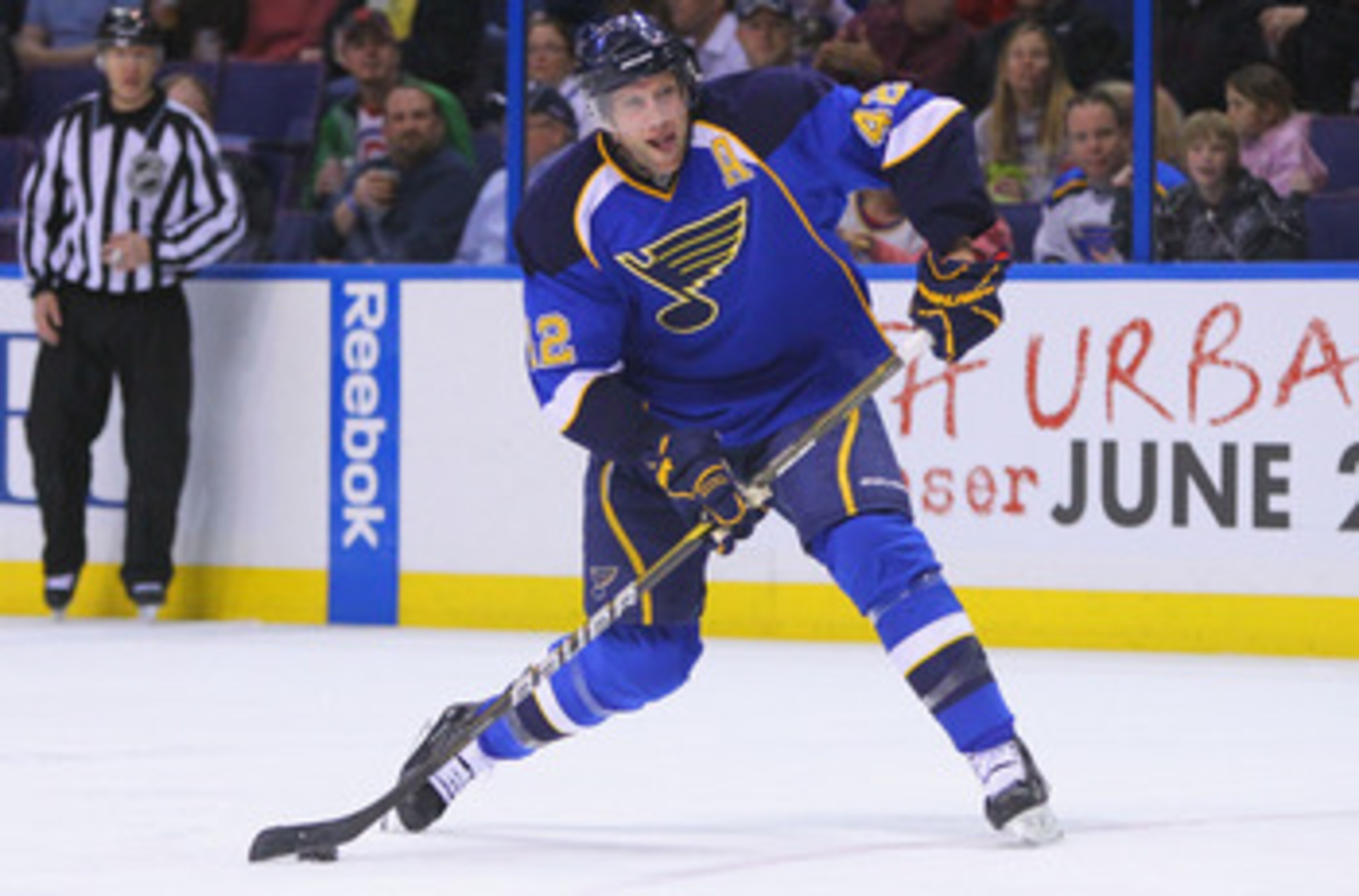 ST. LOUIS, MO - APRIL 5: David Backes #42 of the St. Louis Blues takes a shot on goal against the Colorado Avalanche at the Scottrade Center on April 5, 2011 in St. Louis, Missouri.  (Photo by Dilip Vishwanat/Getty Images)