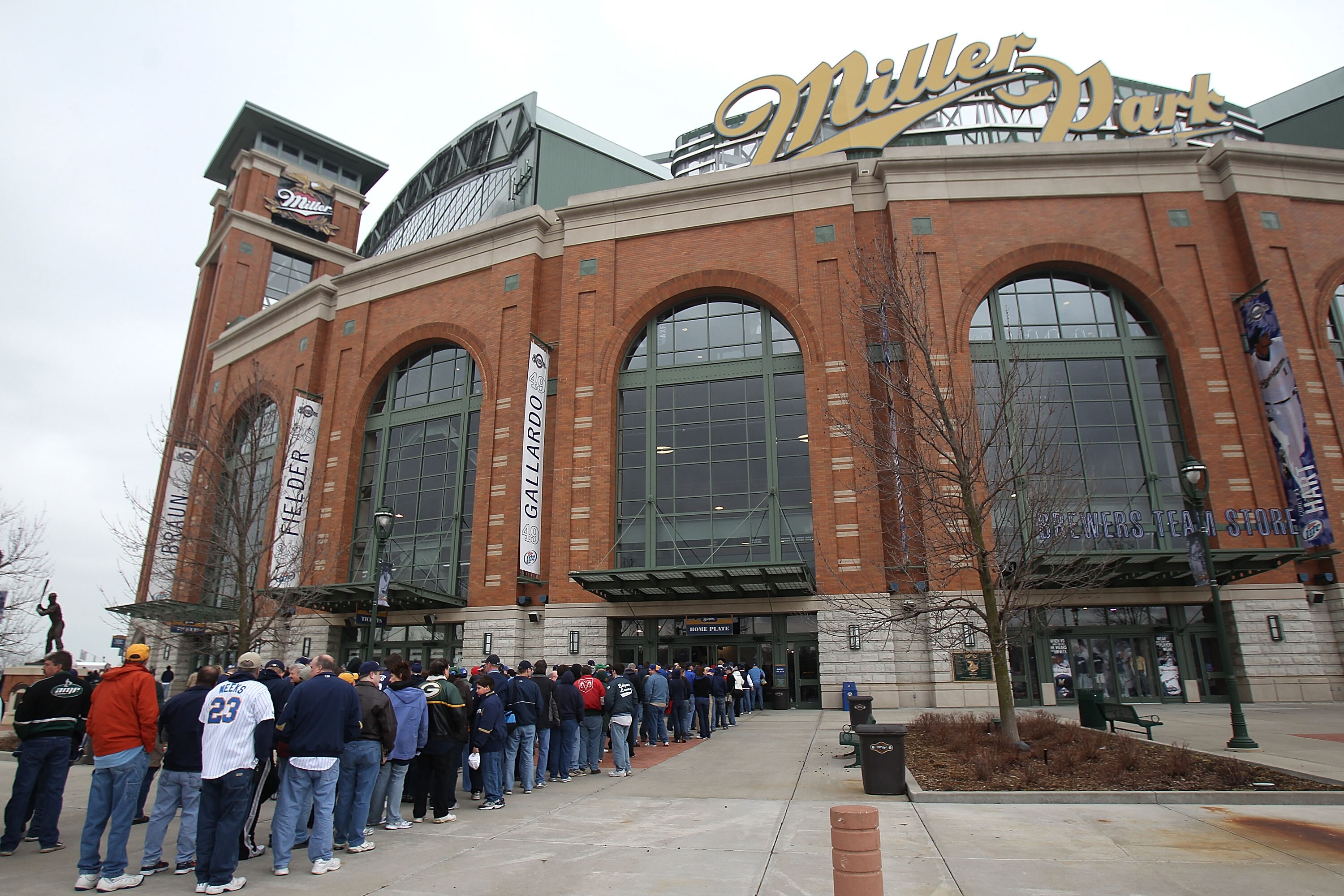MILWAUKEE, WI - APRIL 04: Fans wait in line to enter Miller Park before the home opener between the Atlanta Braves and the Milwaukee Brewers on April 4, 2011 in Milwaukee, Wisconsin. (Photo by Jonathan Daniel/Getty Images)