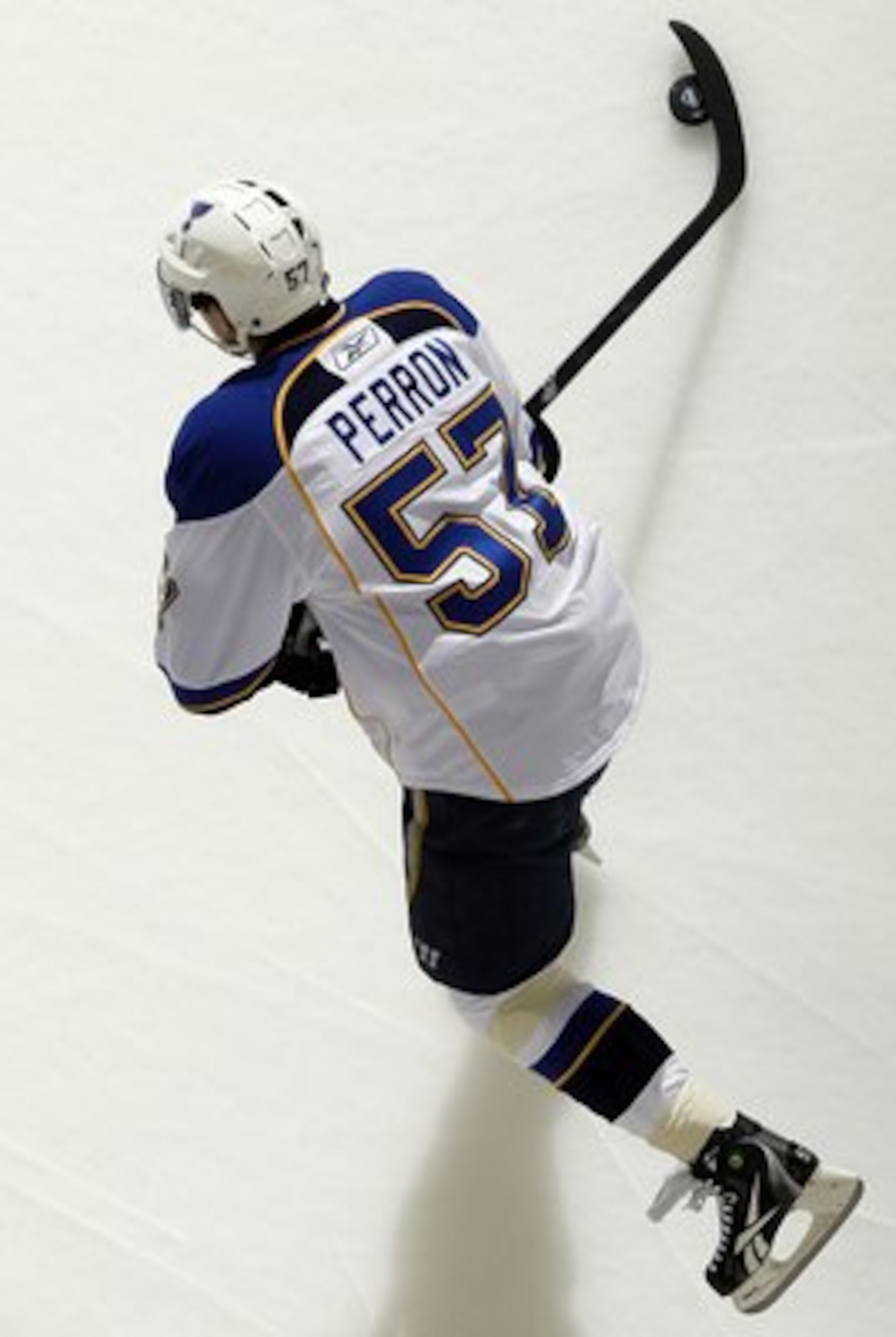 NEWARK, NJ - MARCH 20:  David Perron #57 of the St. Louis Blues warms up before playing against the New Jersey Devils at the Prudential Center on March 20, 2010 in Newark, New Jersey.  (Photo by Jim McIsaac/Getty Images)