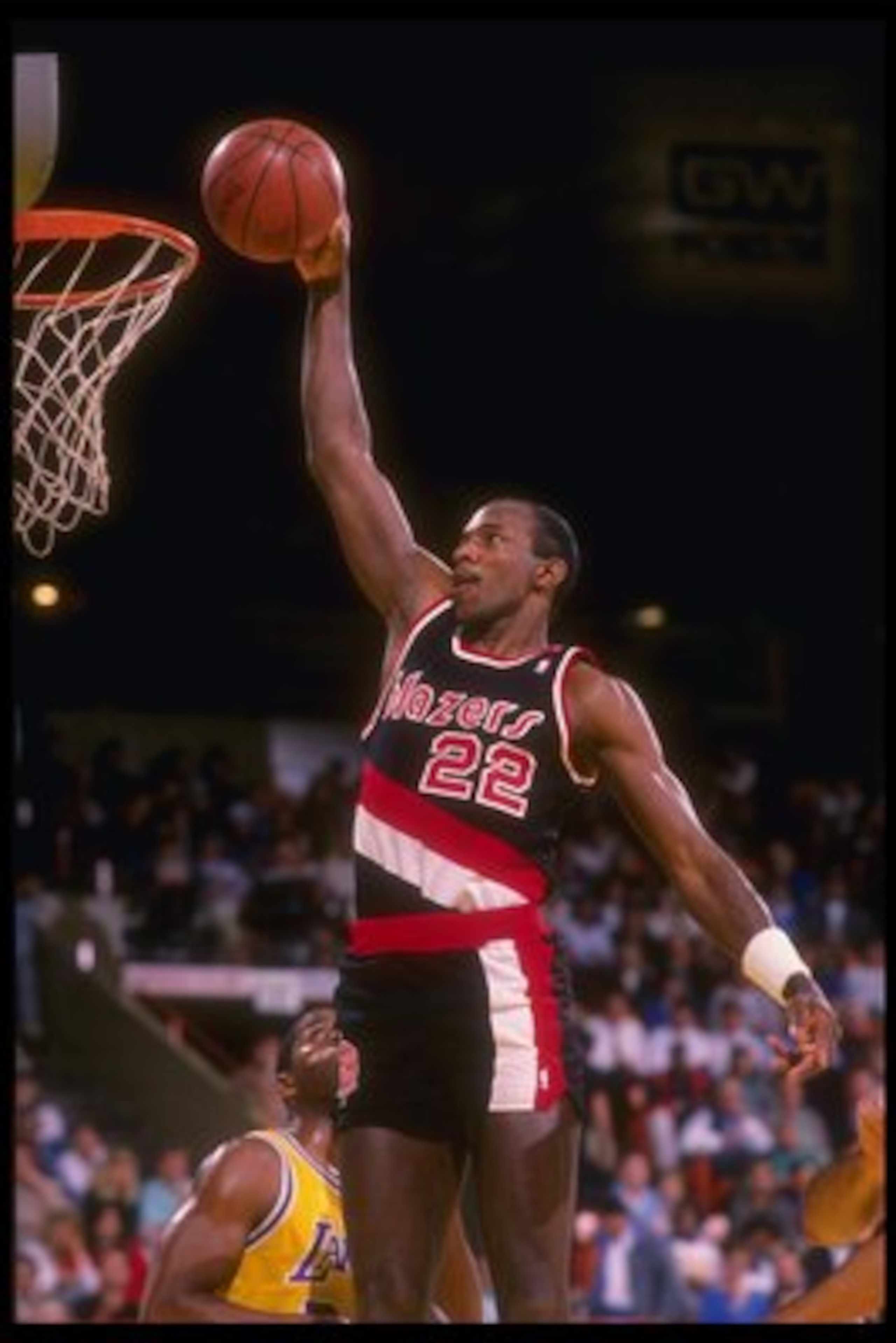 Guard Clyde Drexler of the Portland Trail Blazers goes up for two during a game.