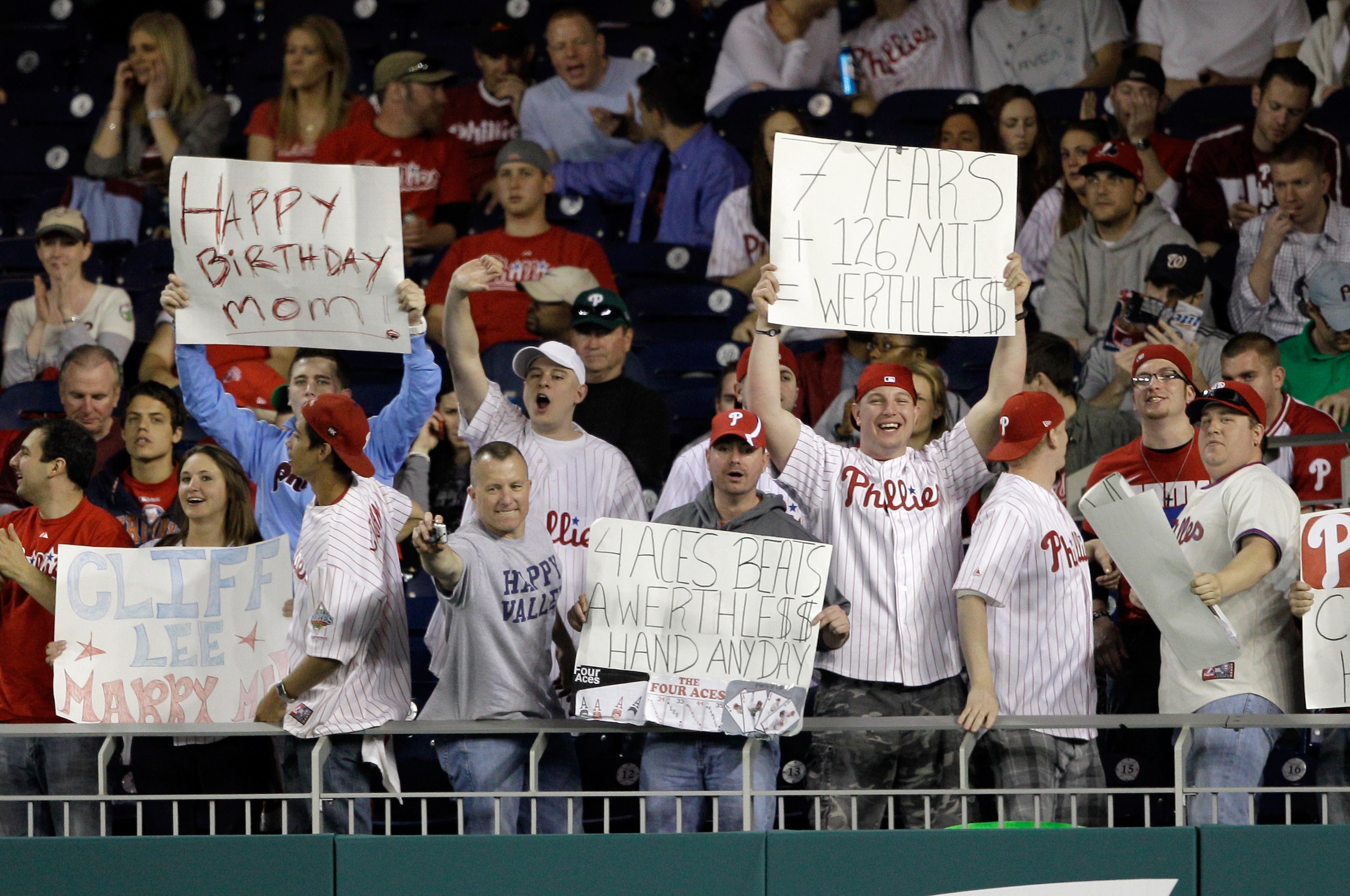 WASHINGTON, DC - APRIL 14: Fans hold up signs during the Philadelphia Phillies and Washington Nationals game at Nationals Park on April 14, 2011 in Washington, DC.  (Photo by Rob Carr/Getty Images)