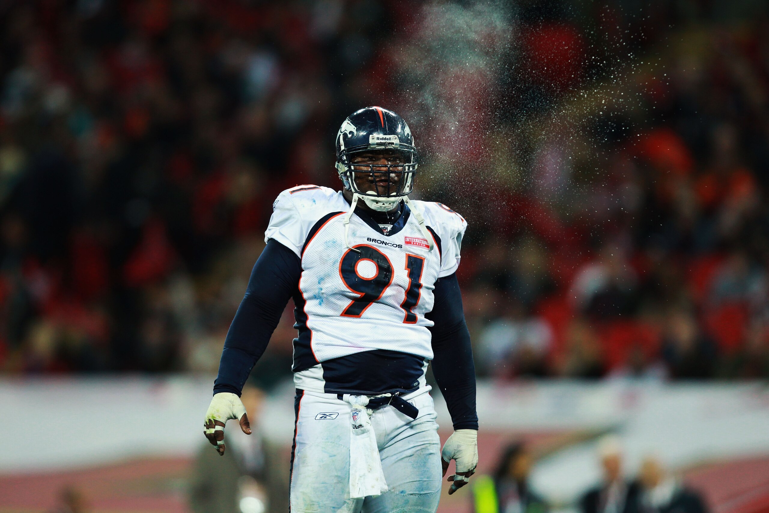LONDON, ENGLAND - OCTOBER 31:  Ronald Fields #91 of Denver Broncos is seen during the NFL International Series match between Denver Broncos and San Francisco 49ers at Wembley Stadium on October 31, 2010 in London, England. This is the fourth occasion wher