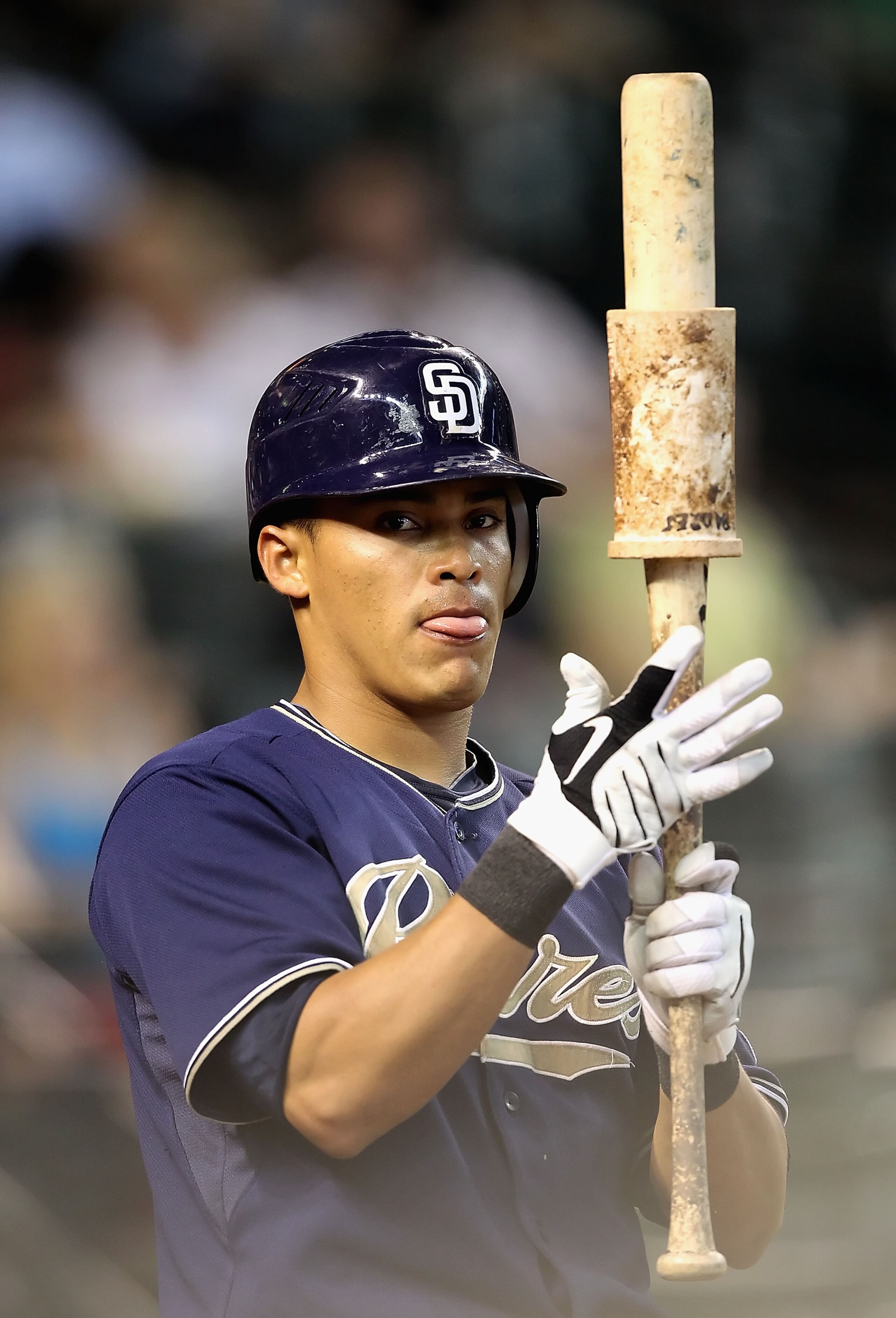 PHOENIX - AUGUST 08:  Everth Cabrera #1 of the San Diego Padres warms up on deck during the Major League Baseball game against the Arizona Diamondbacks at Chase Field on August 8, 2010 in Phoenix, Arizona.  (Photo by Christian Petersen/Getty Images)