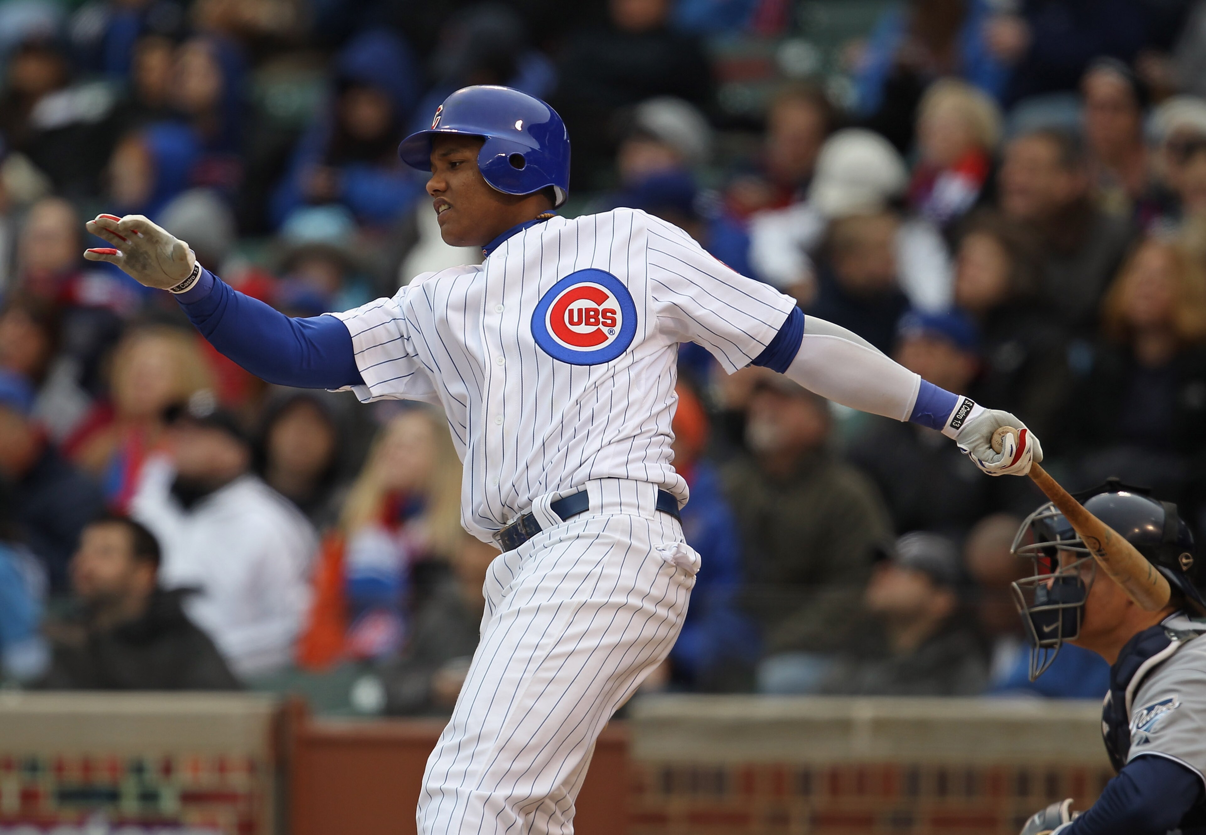 CHICAGO, IL - APRIL 20: Starlin Castro #13 of the Chicago Cubs takes a swing against the San Diego Padres at Wrigley Field on April 20, 2011 in Chicago, Illinois. The Cubs defeated the Padres 2-1 in 11 innings. (Photo by Jonathan Daniel/Getty Images) CHICAGO, IL - APRIL 20: Starlin Castro #13 of the Chicago Cubs takes a swing against the San Diego Padres at Wrigley Field on April 20, 2011 in Chicago, Illinois. The Cubs defeated the Padres 2-1 in 11 innings. (Photo by Jonathan Daniel/Getty Images)