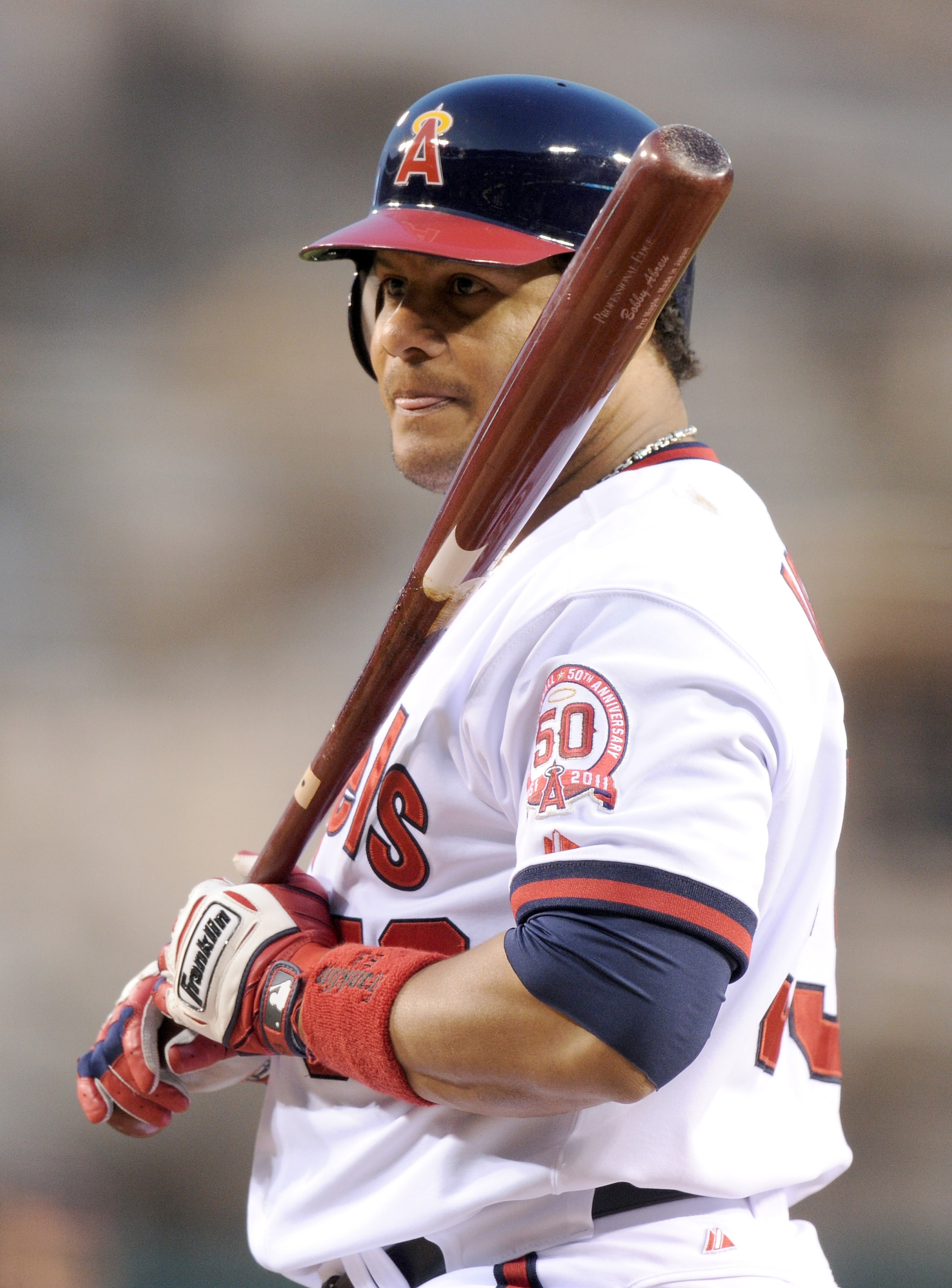 ANAHEIM, CA - APRIL 22: Bobby Abreu #55 of the Los Angeles Angels of Anaheim reacts to his called strikeout at the plate against the Boston Red Sox during the first inning at Angel Stadium on April 22, 2011 in Anaheim, California. (Photo by Harry How/Ge ANAHEIM, CA - APRIL 22: Bobby Abreu #55 of the Los Angeles Angels of Anaheim reacts to his called strikeout at the plate against the Boston Red Sox during the first inning at Angel Stadium on April 22, 2011 in Anaheim, California. (Photo by Harry How/Ge