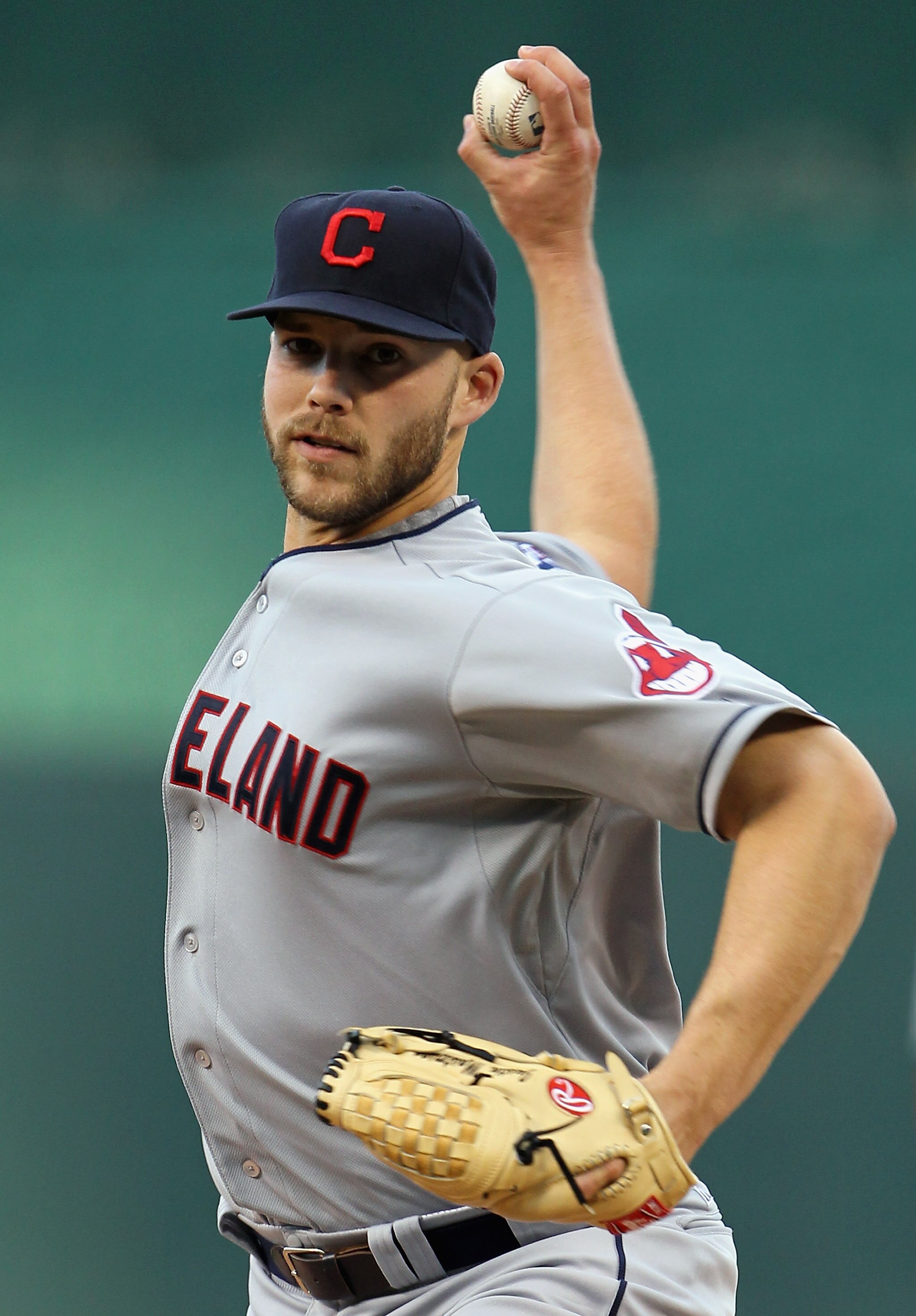 KANSAS CITY, MO - APRIL 20:  Starting pitcher Justin Masterson #63 of the Cleveland Indians warms-up just prior to the start of the game against the Kansas City Royals on April 20, 2011 at Kauffman Stadium in Kansas City, Missouri.  (Photo by Jamie Squire