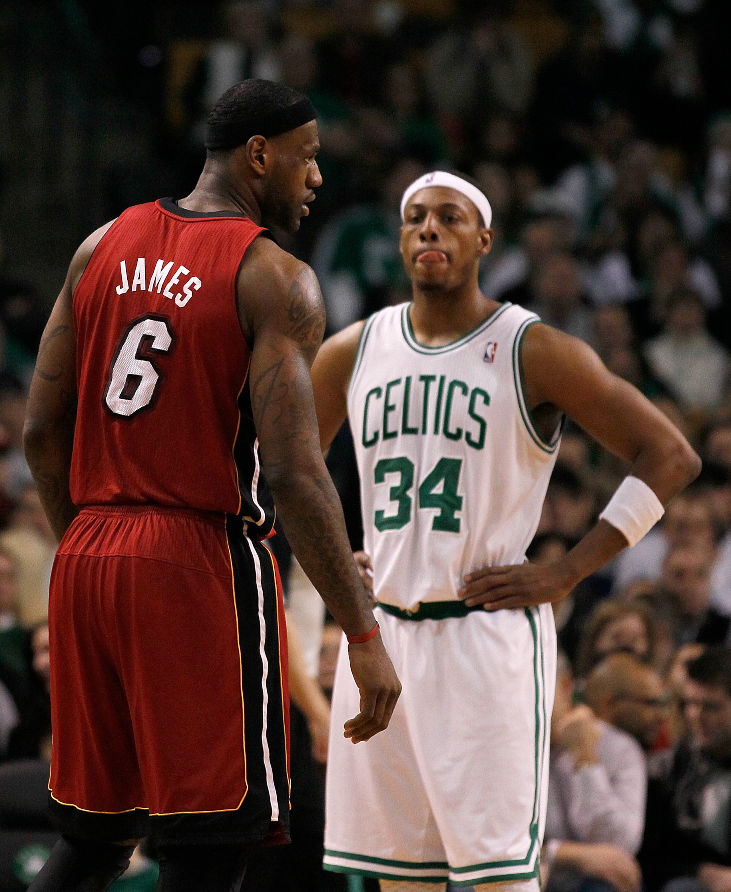BOSTON - FEBRUARY 13: LeBron James #6 of the Miami Heat and Paul Pierce #34 of the Boston Celtics take a breather at TD Garden on February 13, 2011 in Boston, Massachusetts. NOTE TO USER: User expressly acknowledges and agrees that, by downloading and/or BOSTON - FEBRUARY 13: LeBron James #6 of the Miami Heat and Paul Pierce #34 of the Boston Celtics take a breather at TD Garden on February 13, 2011 in Boston, Massachusetts. NOTE TO USER: User expressly acknowledges and agrees that, by downloading and/or