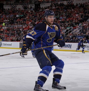 DETROIT, MI - MARCH 30:  Alex Pietrangelo #27 of the St. Louis Blues skates against the Detroit Red Wings at Joe Louis Arena on March 30, 2011 in Detroit, Michigan.  (Photo by Gregory Shamus/Getty Images)