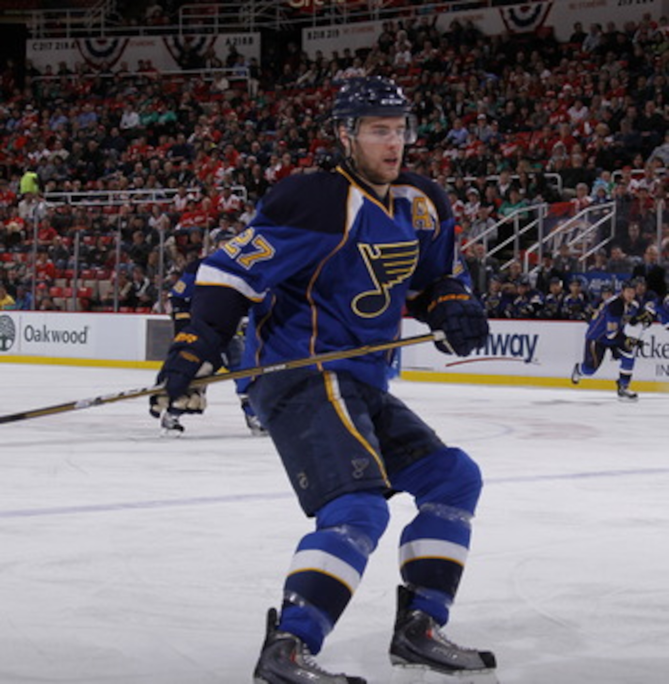 DETROIT, MI - MARCH 30:  Alex Pietrangelo #27 of the St. Louis Blues skates against the Detroit Red Wings at Joe Louis Arena on March 30, 2011 in Detroit, Michigan.  (Photo by Gregory Shamus/Getty Images)