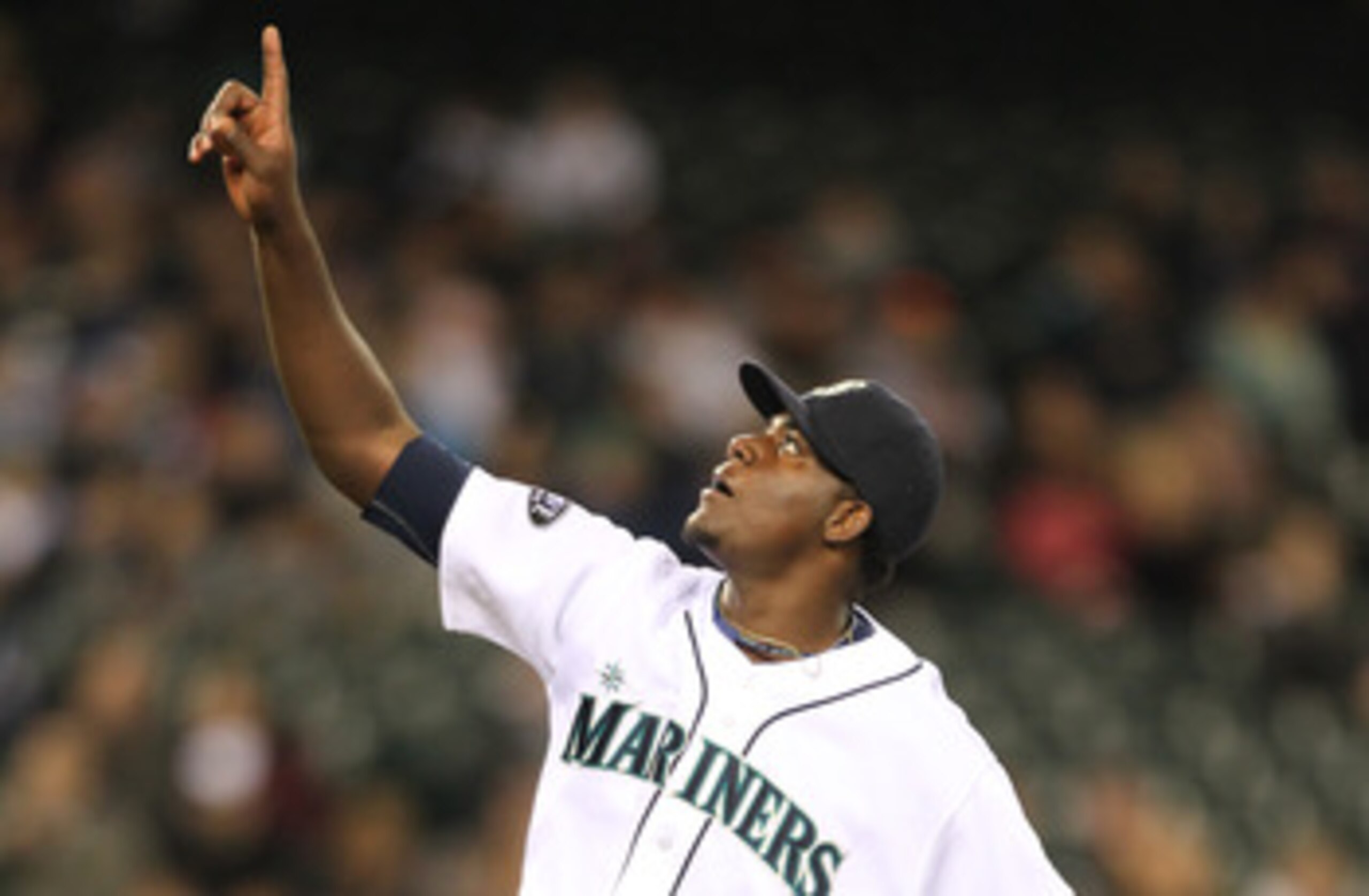 SEATTLE, WA - APRIL 12:  Starting pitcher Michael Pineda #36 of the Seattle Mariners points to a pop foul against the Toronto Blue Jays at Safeco Field on April 12, 2011 in Seattle, Washington. (Photo by Otto Greule Jr/Getty Images)