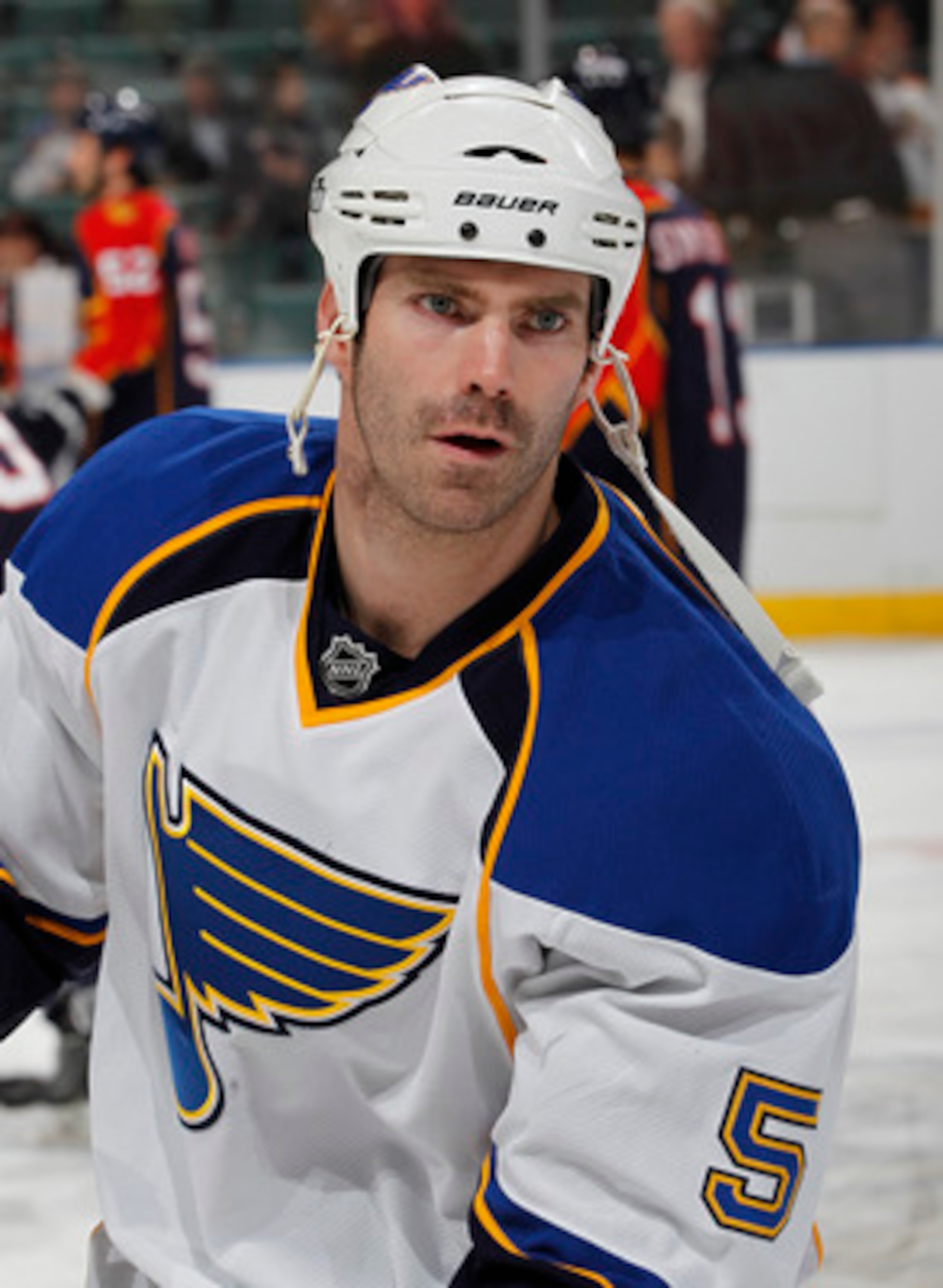 SUNRISE, FL - FEBRUARY 8: Barret Jackman #5 of the St. Louis Blues warms up prior to the NHL game against the Florida Panthers on February 8, 2011 at the BankAtlantic Center in Sunrise, Florida. The Blues defeated the Panthers 2-1. (Photo by Joel Auerbach