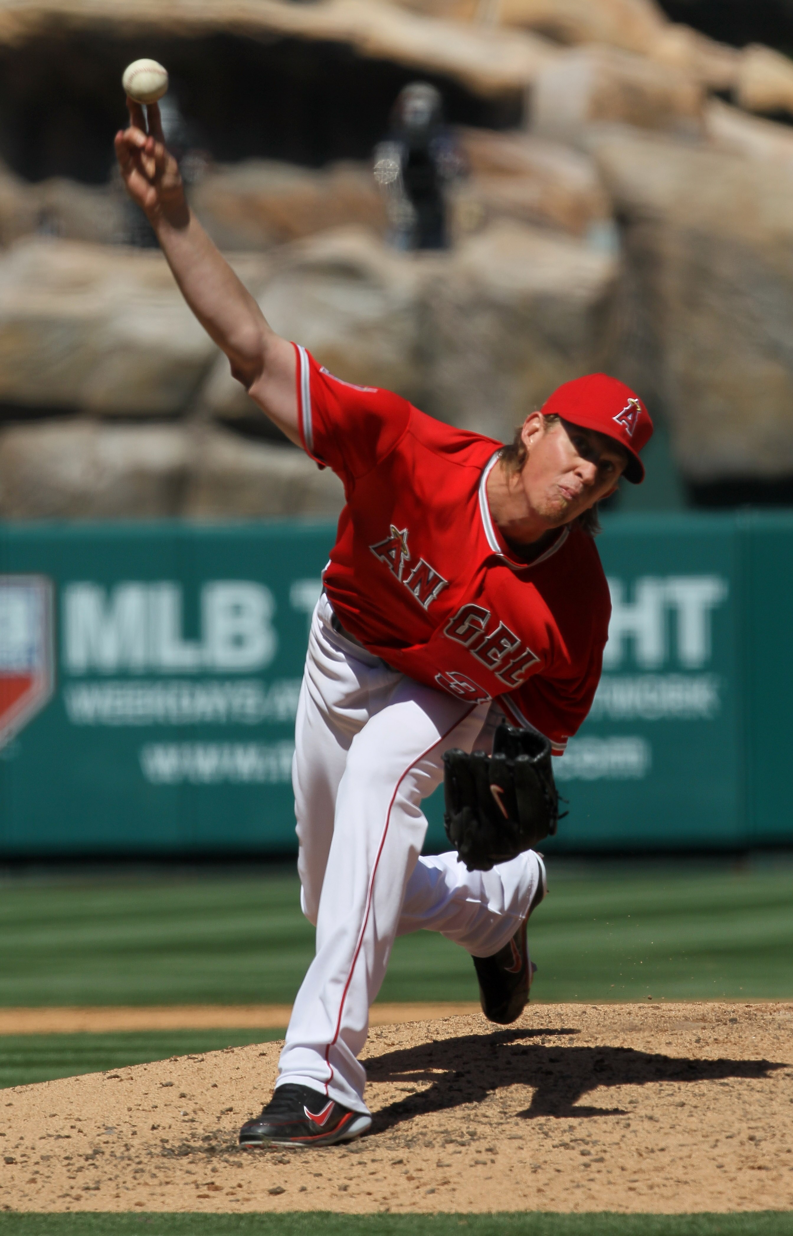 ANAHEIM, CA - APRIL 10:  Jered Weaver #36 of the Los Angeles Angels of Anaheim throws a pitch against the Toronto Blue Jays on April 10, 2011 at Angel Stadium in Anaheim, California. The Angels won 3-1.  (Photo by Stephen Dunn/Getty Images)