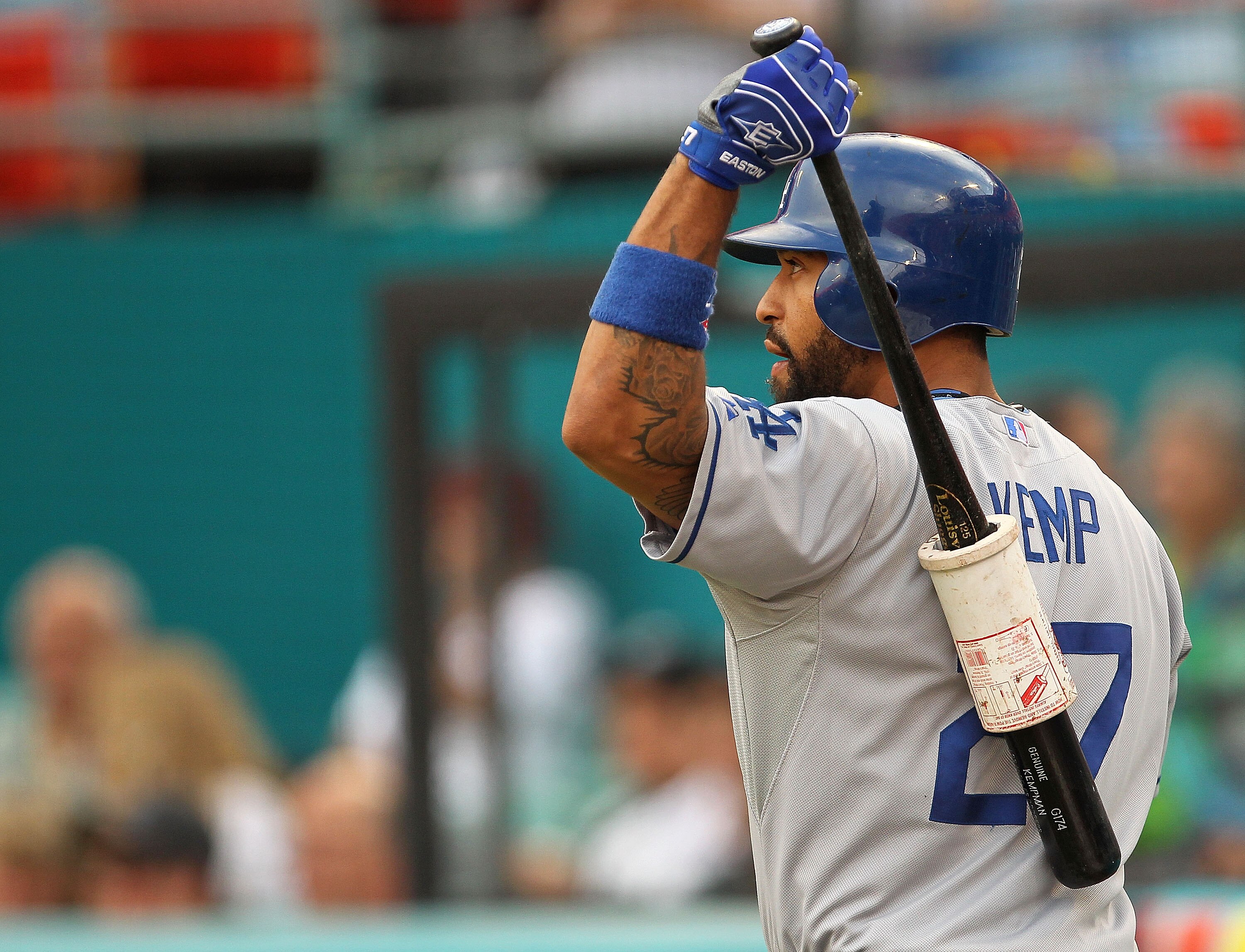 MIAMI GARDENS, FL - APRIL 26:  Matt Kemp #27 of the Los Angeles Dodgers waits on deck during a game against the Florida Marlins at Sun Life Stadium on April 26, 2011 in Miami Gardens, Florida.  (Photo by Mike Ehrmann/Getty Images)