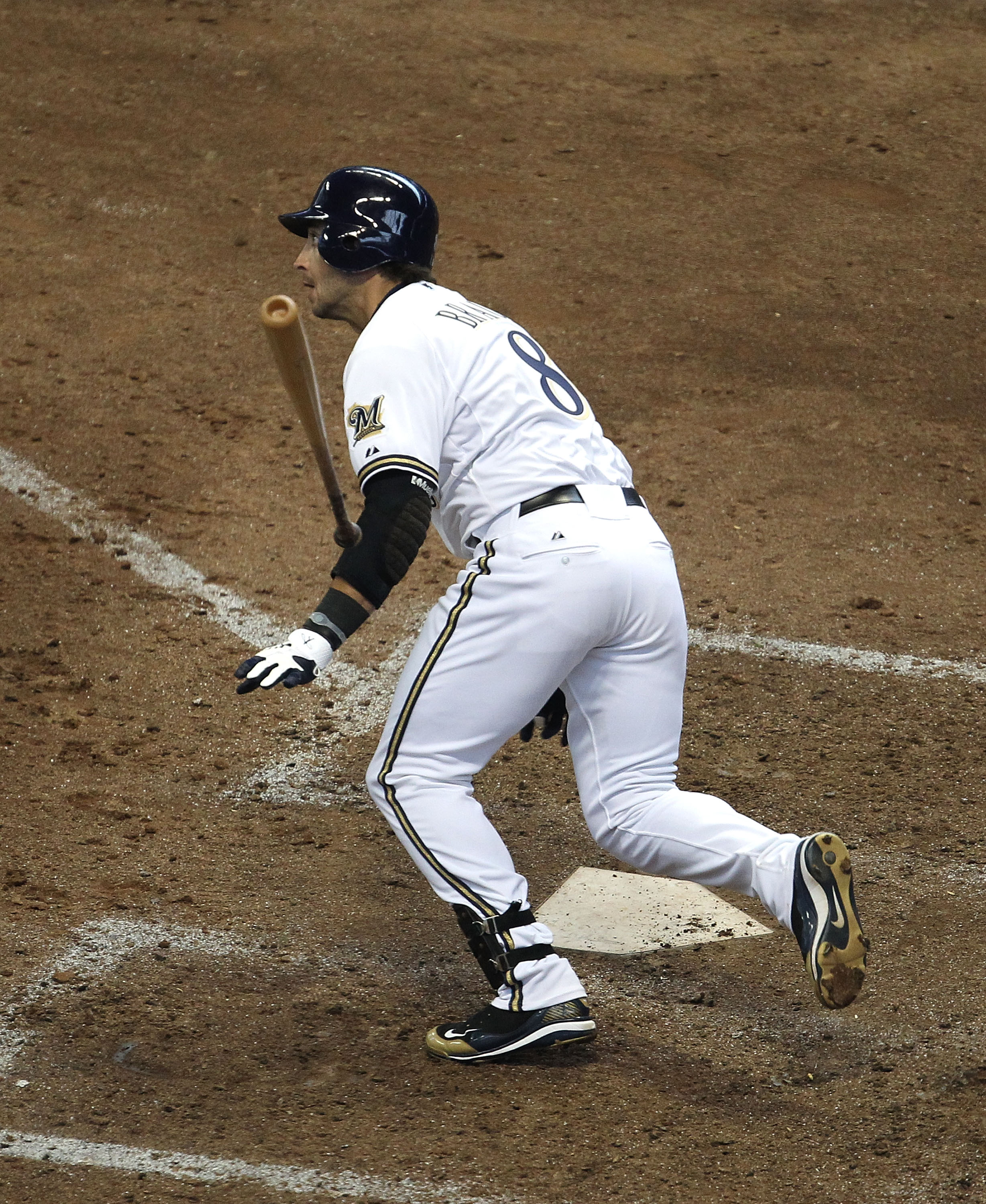 MILWAUKEE, WI - APRIL 04: Ryan Braun #8 of the Milwaukee Brewers runs after hitting the ball against the Atlanta Braves during the home opener at Miller Park on April 4, 2011 in Milwaukee, Wisconsin. The Braves defeated the Brewers 2-1. (Photo by Jonathan
