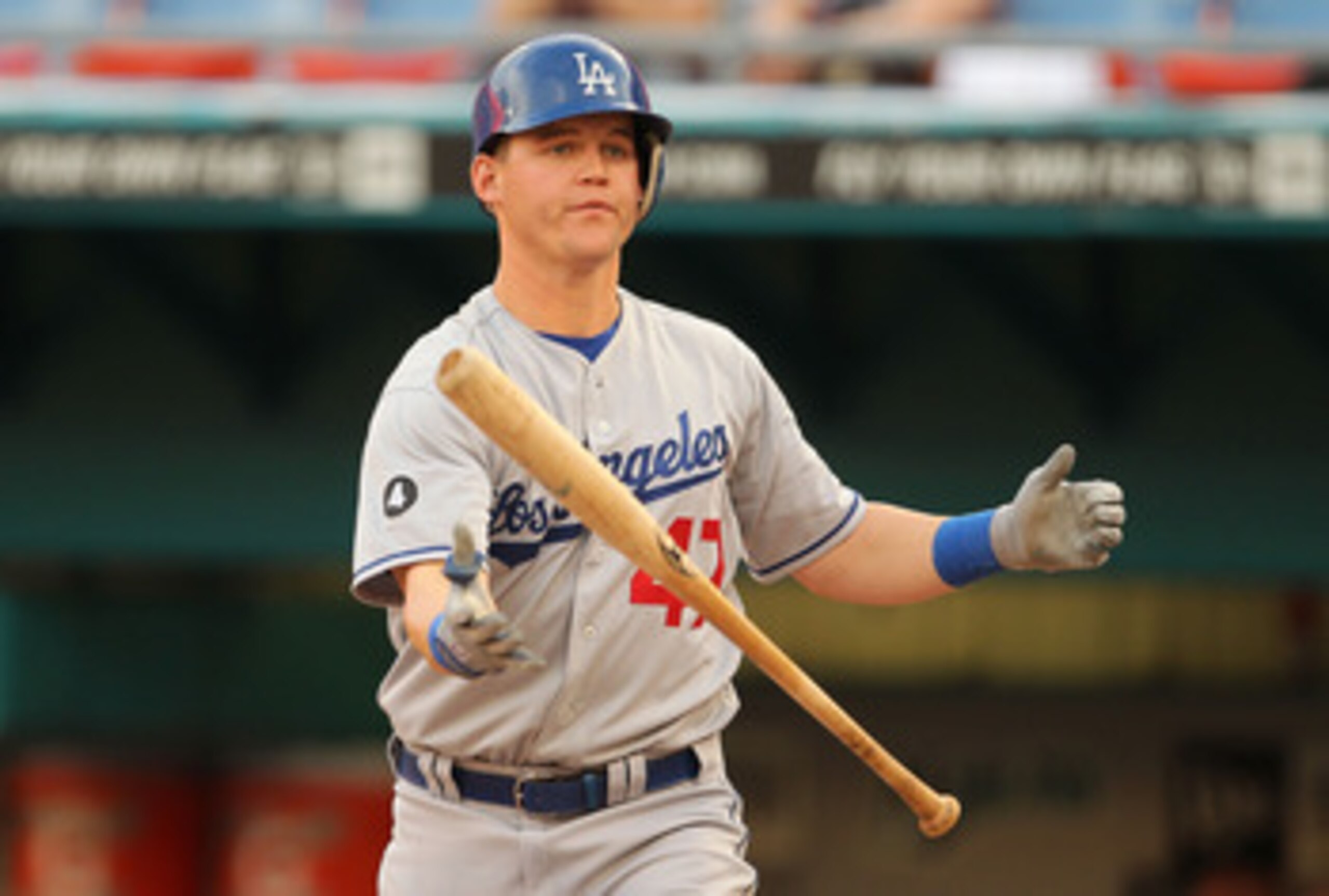 MIAMI GARDENS, FL - APRIL 26:  Jerry Sands #47 of the Los Angeles Dodgers reacts after striking out during a game against the Florida Marlins at Sun Life Stadium on April 26, 2011 in Miami Gardens, Florida.  (Photo by Mike Ehrmann/Getty Images)