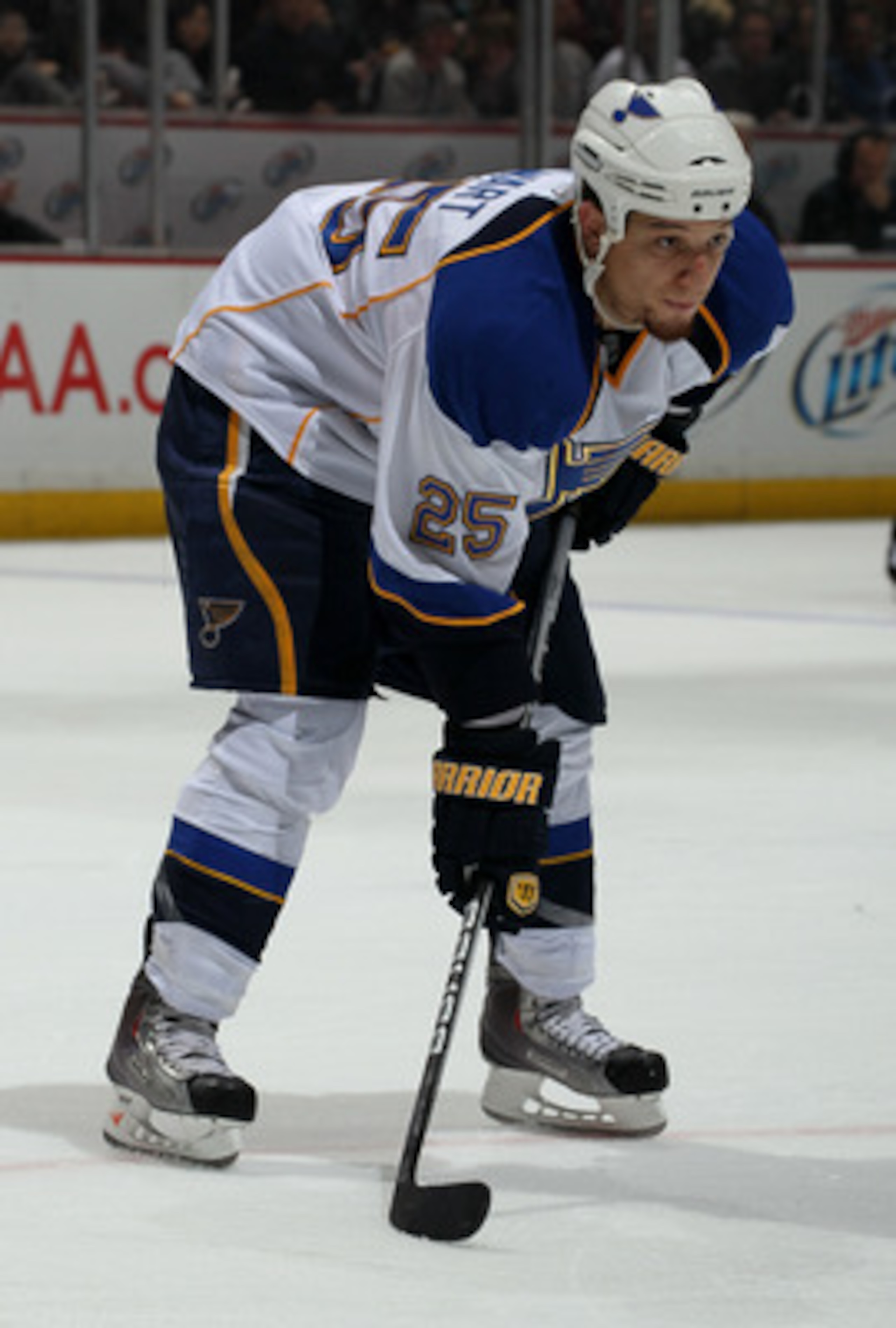 ANAHEIM, CA - MARCH 16:  Chris Stewart #25 of the St. Louis Blues waits for a faceoff against Andy Sutton #25 of the Anaheim Ducks at Honda Center on March 16, 2011 in Anaheim, California.  Anaheim won 2-1.  (Photo by Stephen Dunn/Getty Images)