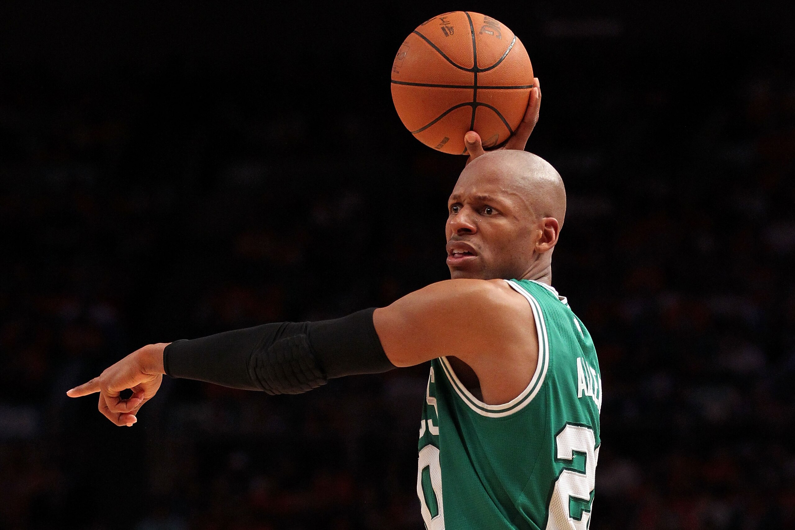 NEW YORK, NY - APRIL 24: Ray Allen #20 of the Boston Celtics directs the offense against the New York Knicks in Game Four of the Eastern Conference Quarterfinals during the 2011 NBA Playoffs on April 24, 2011 at Madison Square Garden in New York City. NO NEW YORK, NY - APRIL 24: Ray Allen #20 of the Boston Celtics directs the offense against the New York Knicks in Game Four of the Eastern Conference Quarterfinals during the 2011 NBA Playoffs on April 24, 2011 at Madison Square Garden in New York City. NO