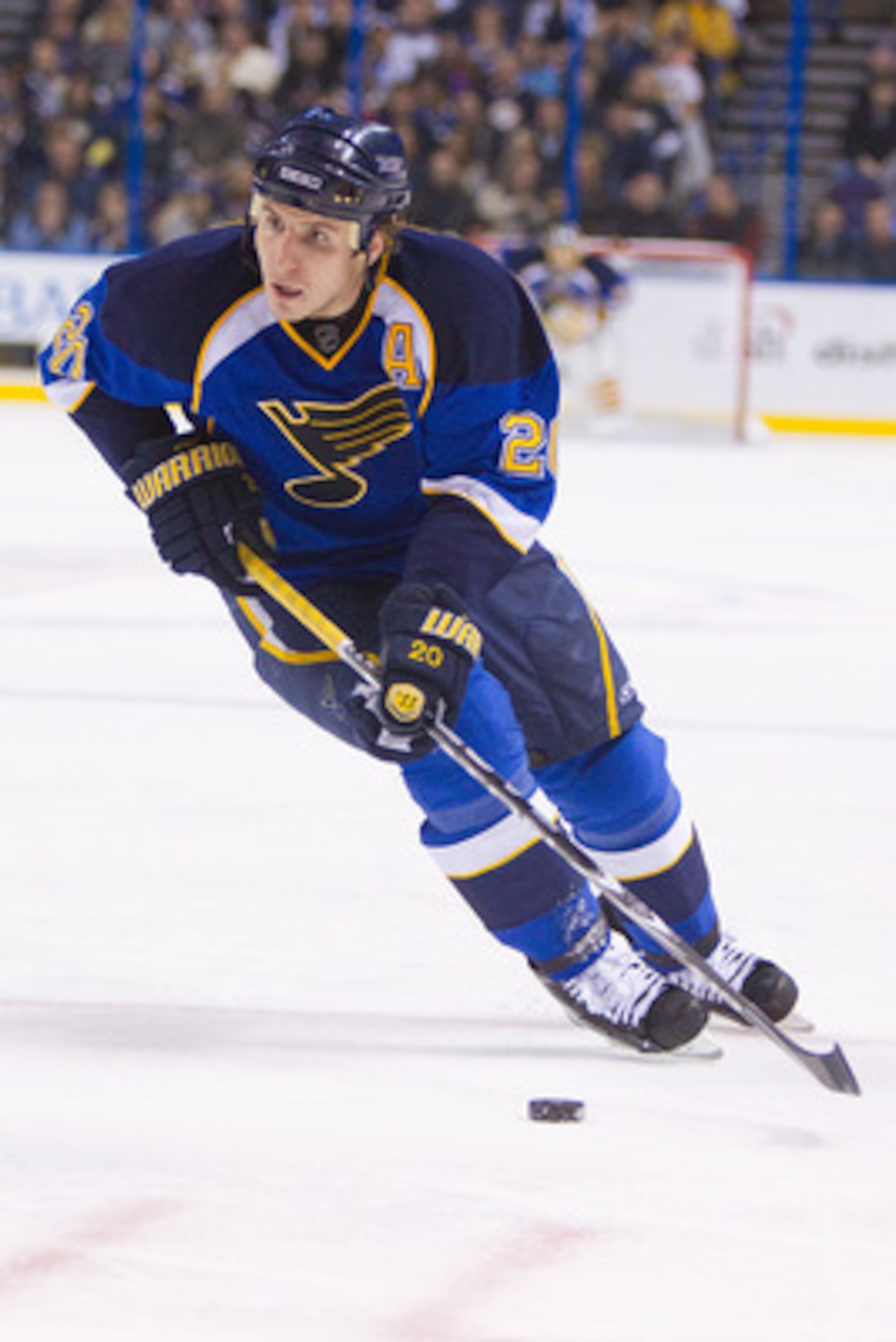 ST. LOUIS, MO - DECEMBER 20: Alexander Steen #20 of the St. Louis Blues moves the puck up ice at the Scottrade Center on December 20, 2010 in St. Louis, Missouri.  The Canucks beat the Blues 3-1.  (Photo by Dilip Vishwanat/Getty Images)