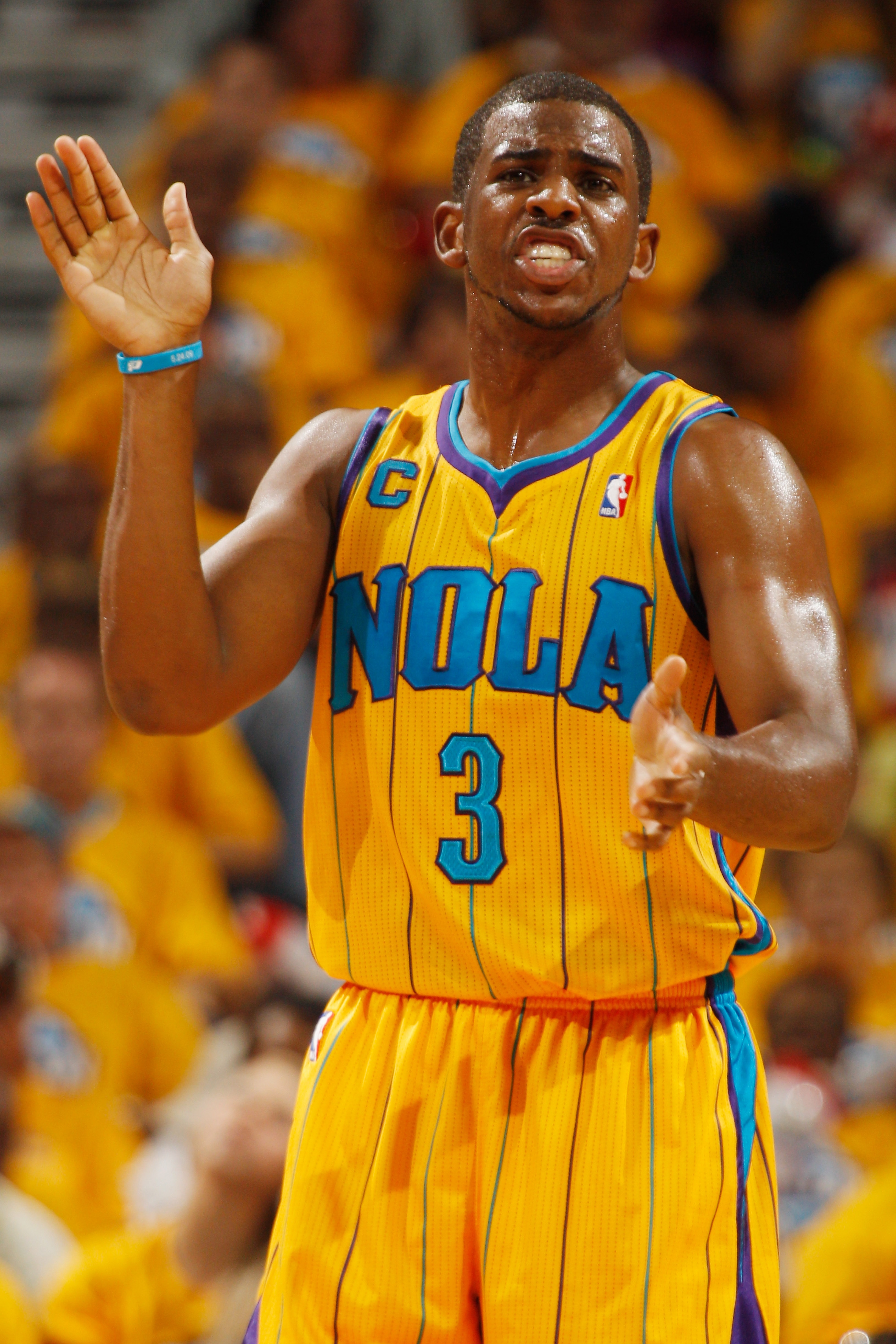 NEW ORLEANS, LA - APRIL 22:  Chris Paul #3 of the New Orleans Hornets reacts during the game against the Los Angeles Lakers in Game Three of the Western Conference Quarterfinals in the 2011 NBA Playoffs at the New Orleans Arena  on April 22, 2011 in New O