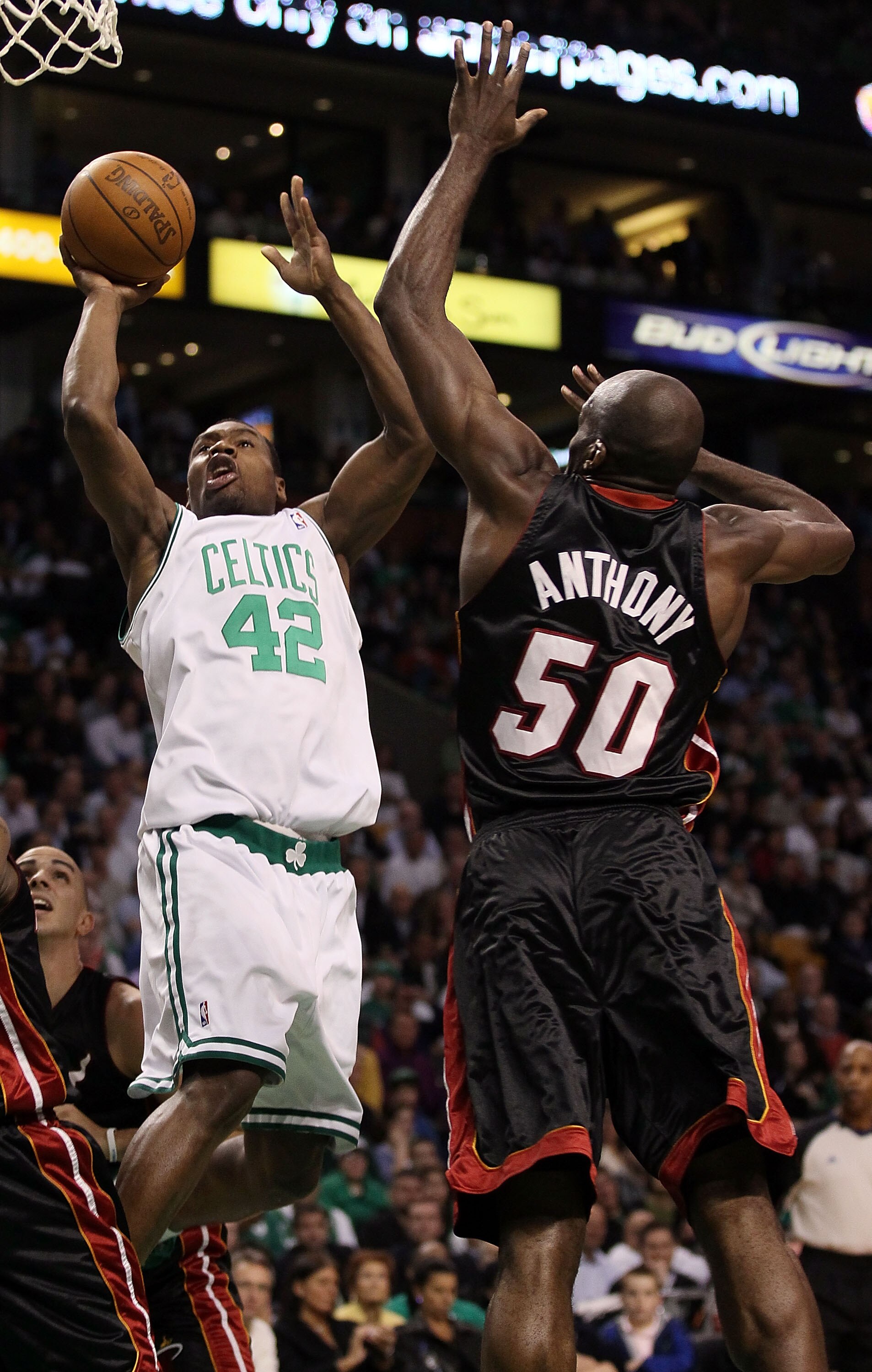 BOSTON - APRIL 27:  Tony Allen #42 of the Boston Celtics takes a shot as Joel Anthony #50 of the Miami Heat defends during Game Five of the Eastern Conference Quarterfinals of the 2010 NBA playoffs at the TD Garden on April 27, 2010 in Boston, Massachuset