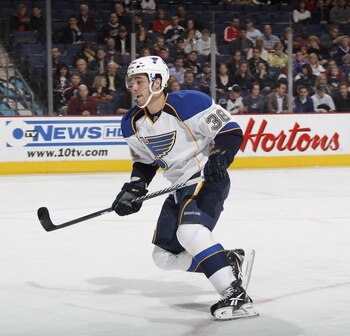 COLUMBUS, OH - MARCH 09:  Matt D'Agostini #36 of the St. Louis Blues skates against the Columbus Blue Jackets on March 9, 2011 at Nationwide Arena in Columbus, Ohio.  (Photo by Gregory Shamus/Getty Images)