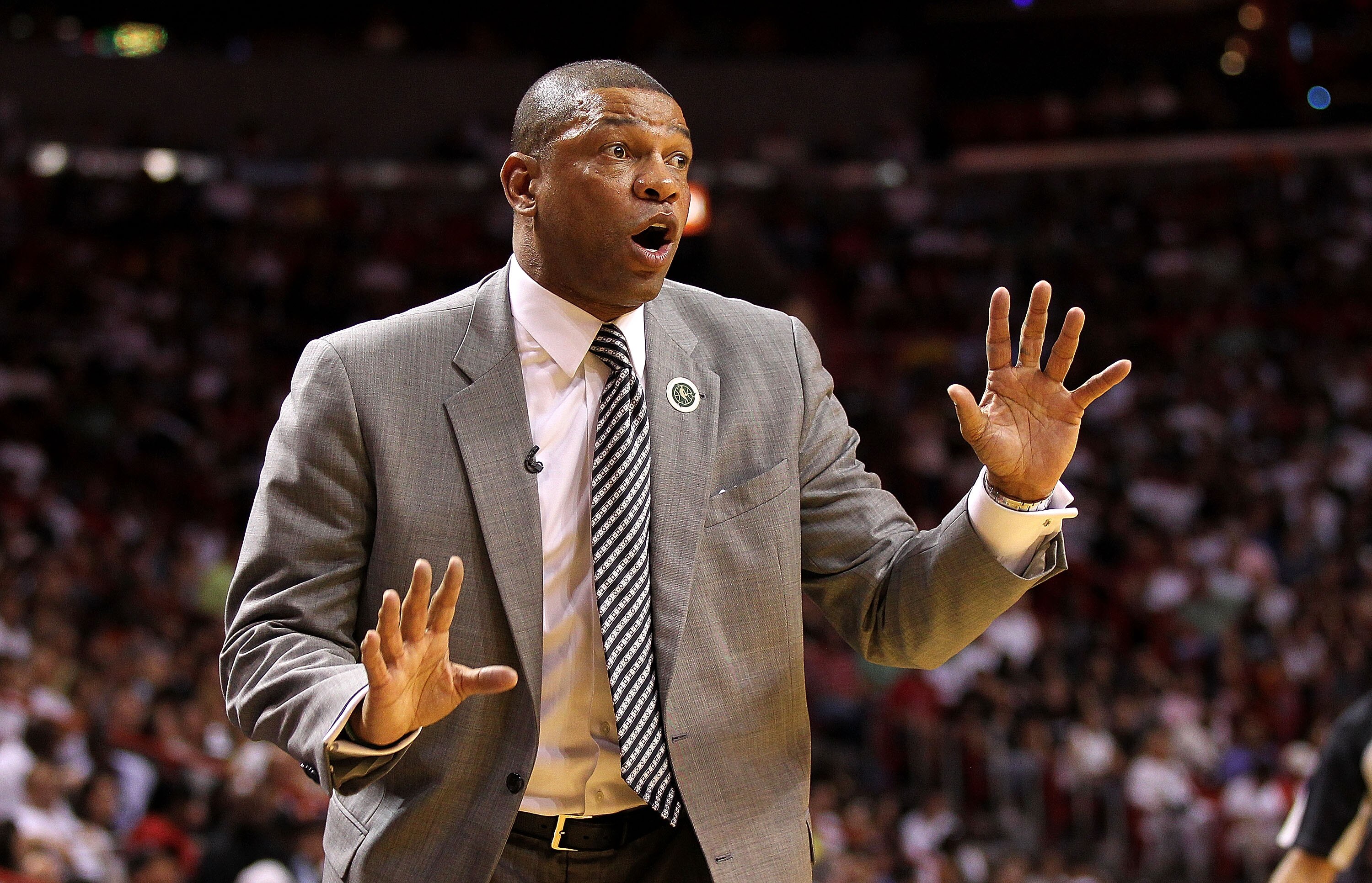 MIAMI, FL - APRIL 10:   Boston Celtics head coach Doc Rivers looks on during a game against the Miami Heat  at American Airlines Arena on April 10, 2011 in Miami, Florida. NOTE TO USER: User expressly acknowledges and agrees that, by downloading and/or us
