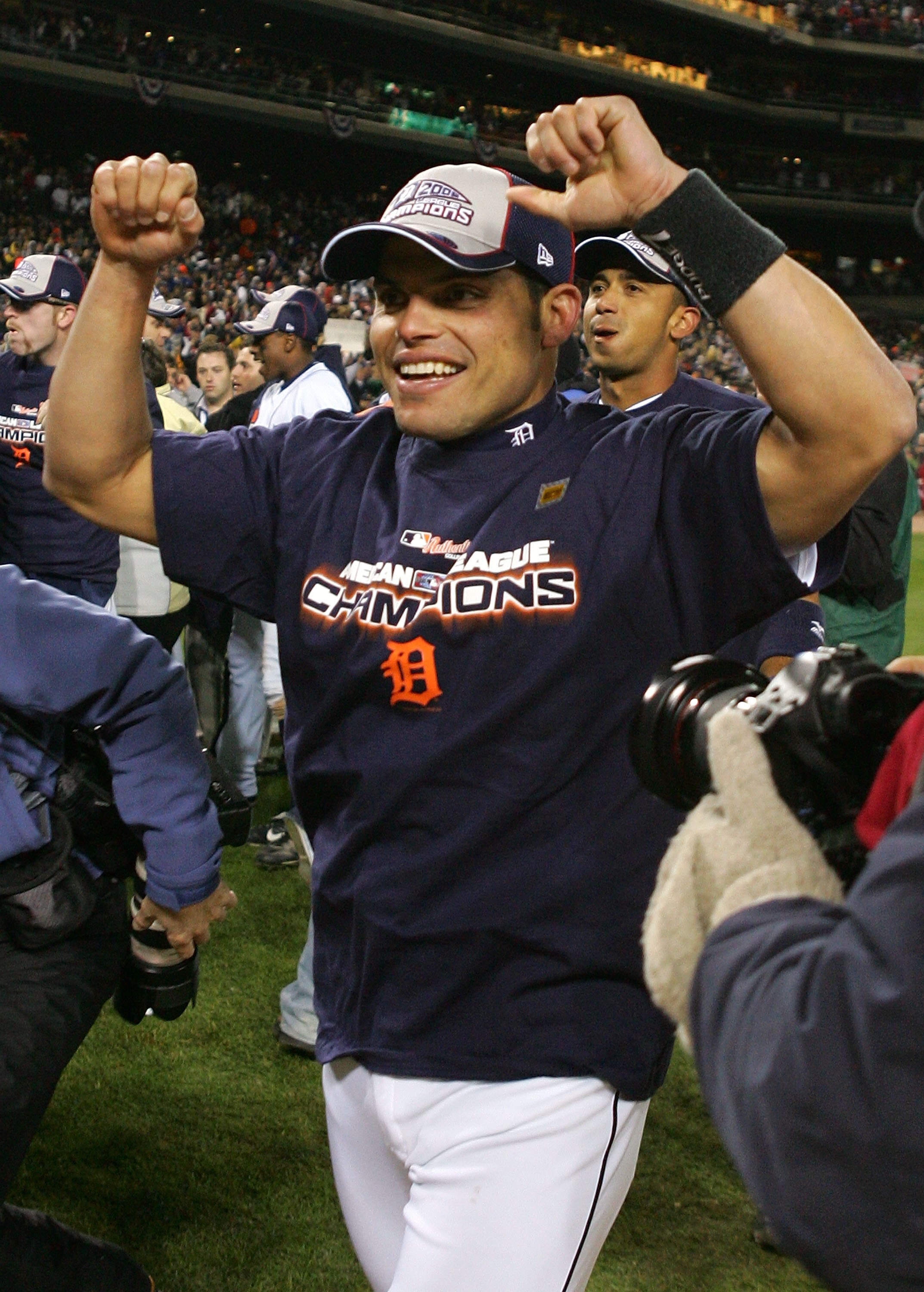 DETROIT - OCTOBER 14:  Ivan Rodrigguez #7 of the Detroit Tigers celebrates the Tigers 6-3 win against the Oakland Athletics during Game Four of the American League Championship Series October 14, 2006 at Comerica Park in Detroit, Michigan. With the win th