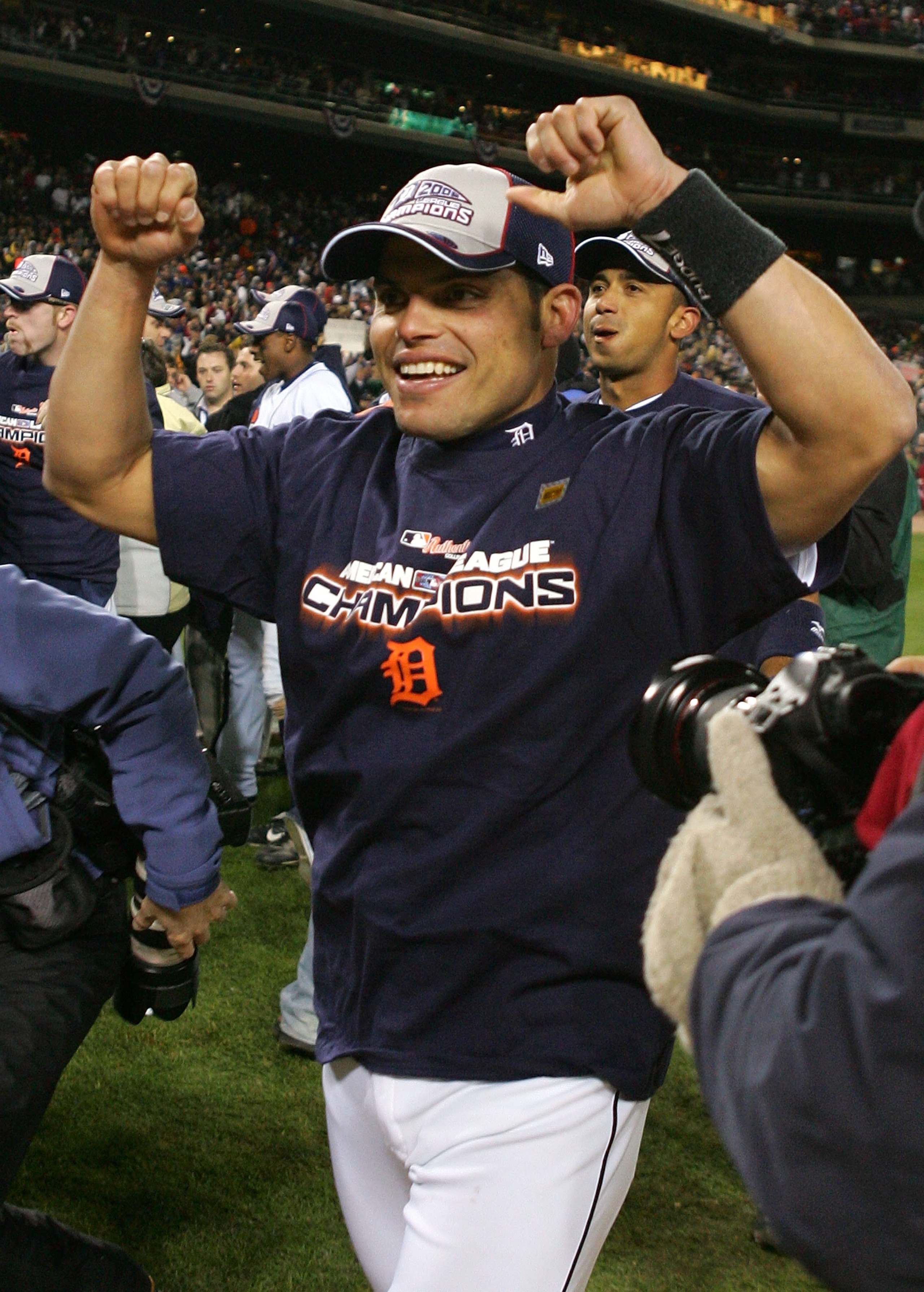 DETROIT - OCTOBER 14:  Ivan Rodrigguez #7 of the Detroit Tigers celebrates the Tigers 6-3 win against the Oakland Athletics during Game Four of the American League Championship Series October 14, 2006 at Comerica Park in Detroit, Michigan. With the win th