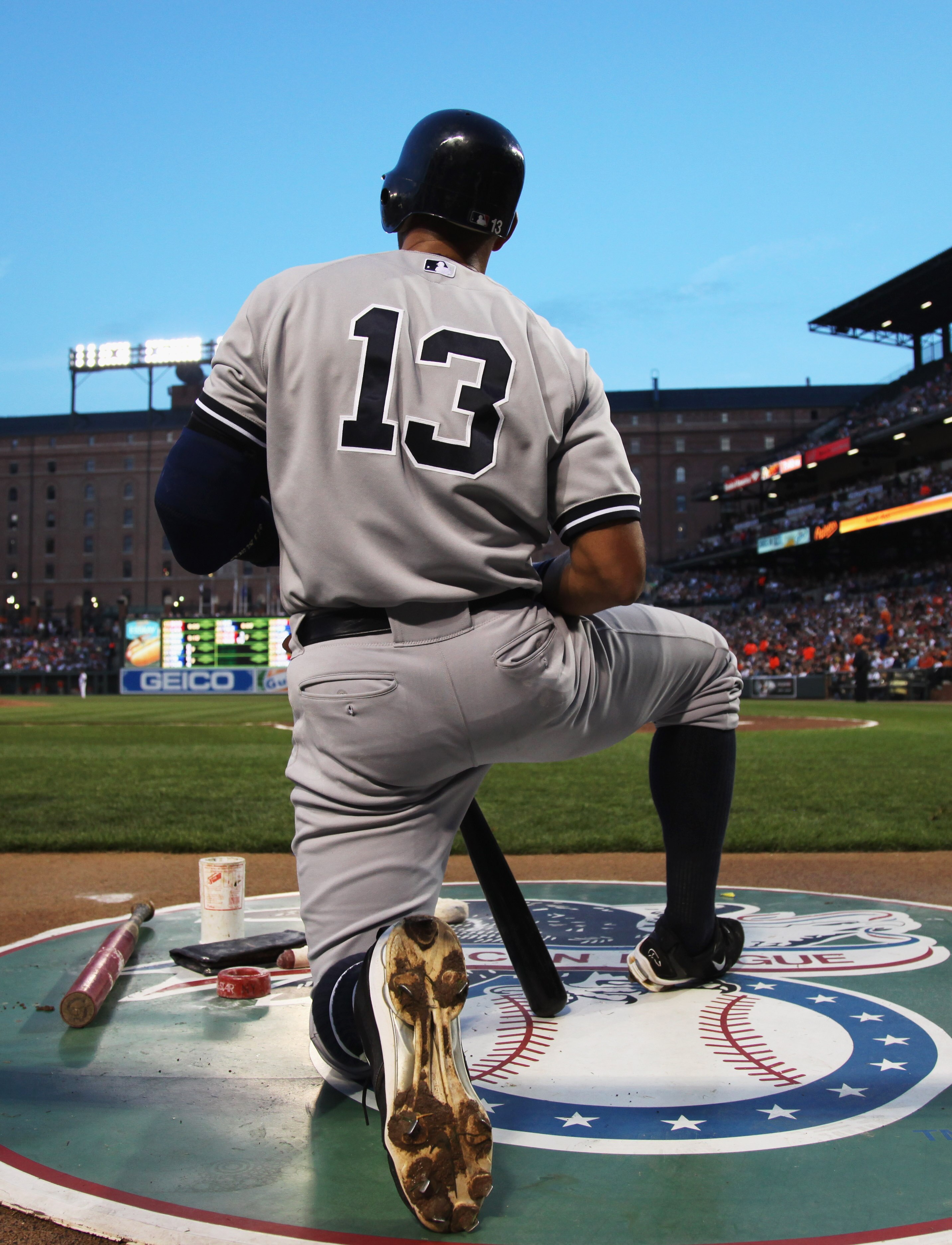 BALTIMORE, MD - APRIL 23:  Alex Rodriguez #13 of the New York Yankees waits to bat against the Baltimore Orioles at Oriole Park at Camden Yards on April 23, 2011 in Baltimore, Maryland.  (Photo by Rob Carr/Getty Images)