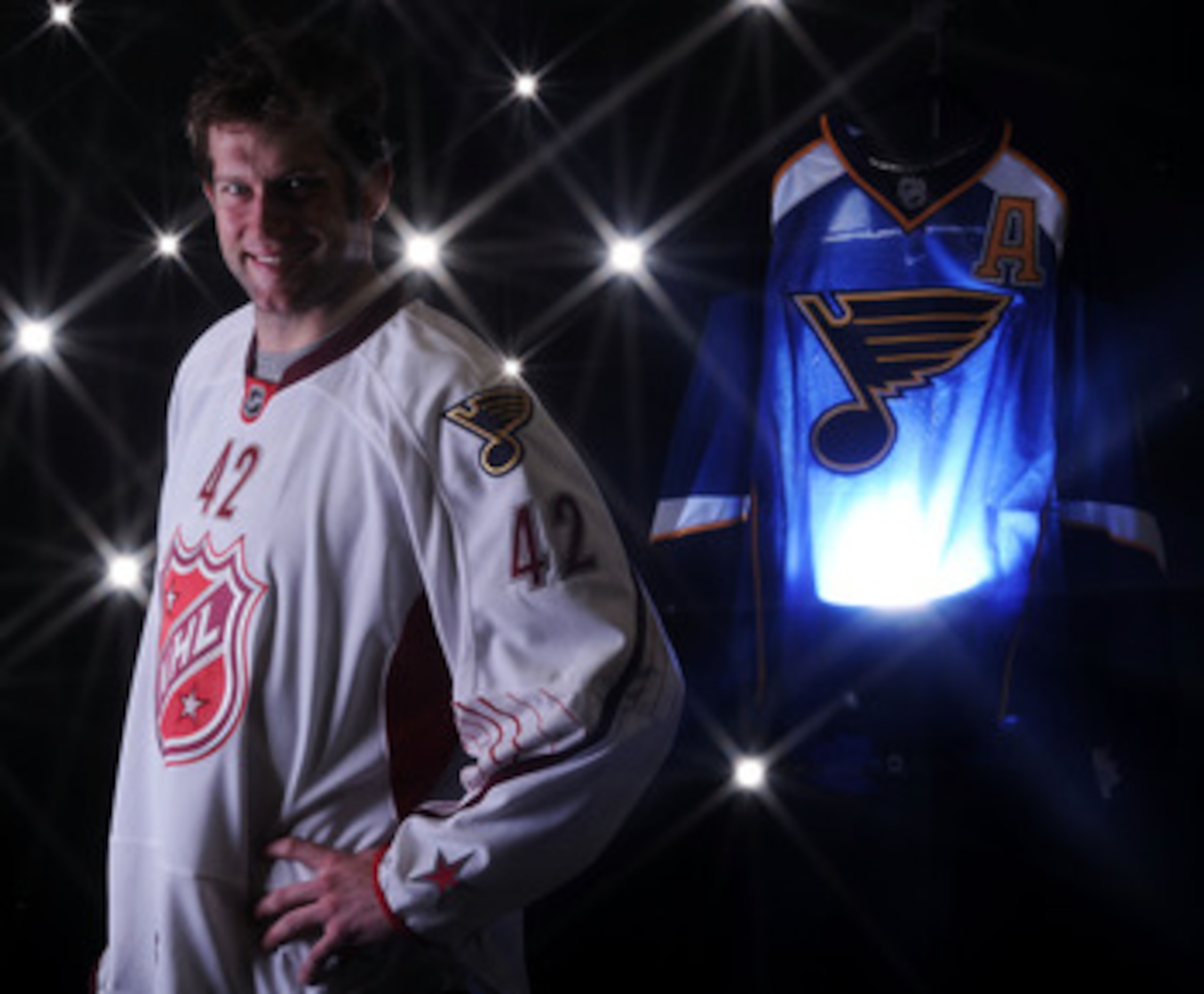 RALEIGH, NC - JANUARY 30:  (EDITORS NOTE: A special effects camera filter was used for this image.) David Backes #42 of the St. Louis Blues for Team Staal poses for a portrait before the 58th NHL All-Star Game at RBC Center on January 30, 2011 in Raleigh,
