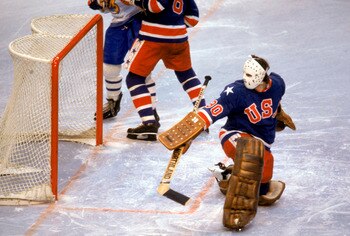 LAKE PLACID, NY - FEBRUARY 24:  Goalie Jim Craig #30 of the United States makes a save during the Olympic hockey game against Finland on February 24, 1980 in Lake Placid, New York.  The United States won 4-2.  (Photo by: Getty Images)