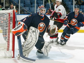 UNIONDALE, NY - DECEMBER 5: Mike Dunham #1 of the New York Islanders blocks the net during the game against the Ottawa Senators on December 5, 2006 at Nassau Coliseum in Uniondale, New York. (Photo by Jim McIsaac/Getty Images)