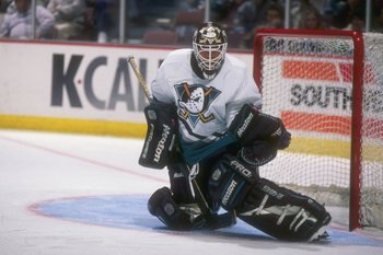 4 Dec 1996:  Goaltender Guy Hebert of the Anaheim Mighty Ducks looks on during a game against the Tampa Bay Lightning at Arrowhead Pond in Anaheim, California.  The Lightning won the game, 3-1. Mandatory Credit: Glenn Cratty  /Allsport