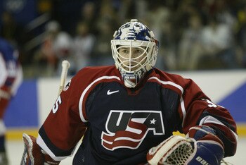 22 Feb 2002:   Mike Richter #35 of the USA after making a save during the men's semifinals at the Salt Lake City Winter Olympic Games at the E Center in Salt Lake City, Utah. DIGITAL IMAGE. Mandatory Credit:   Brian Bahr/Getty Images