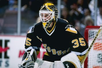 25 Sep 1996:  Goaltender Tom Barrasso of the Pittsburgh Penguins looks on during a game against the Anaheim Mighty Ducks at Arrowhead Pond in Anaheim, California.  The Ducks won the game, 6-1. Mandatory Credit: Glenn Cratty  /Allsport