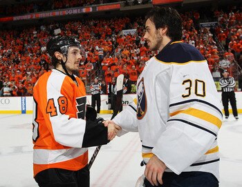 PHILADELPHIA, PA - APRIL 26:  Danny Briere #48 of the Philadelphia Flyers shakes hands with Ryan Miller #30 of the Buffalo Sabres after the Flyers defeated the Sabres 5 to 2 in Game Seven of the Eastern Conference Quarterfinals during the 2011 NHL Stanley