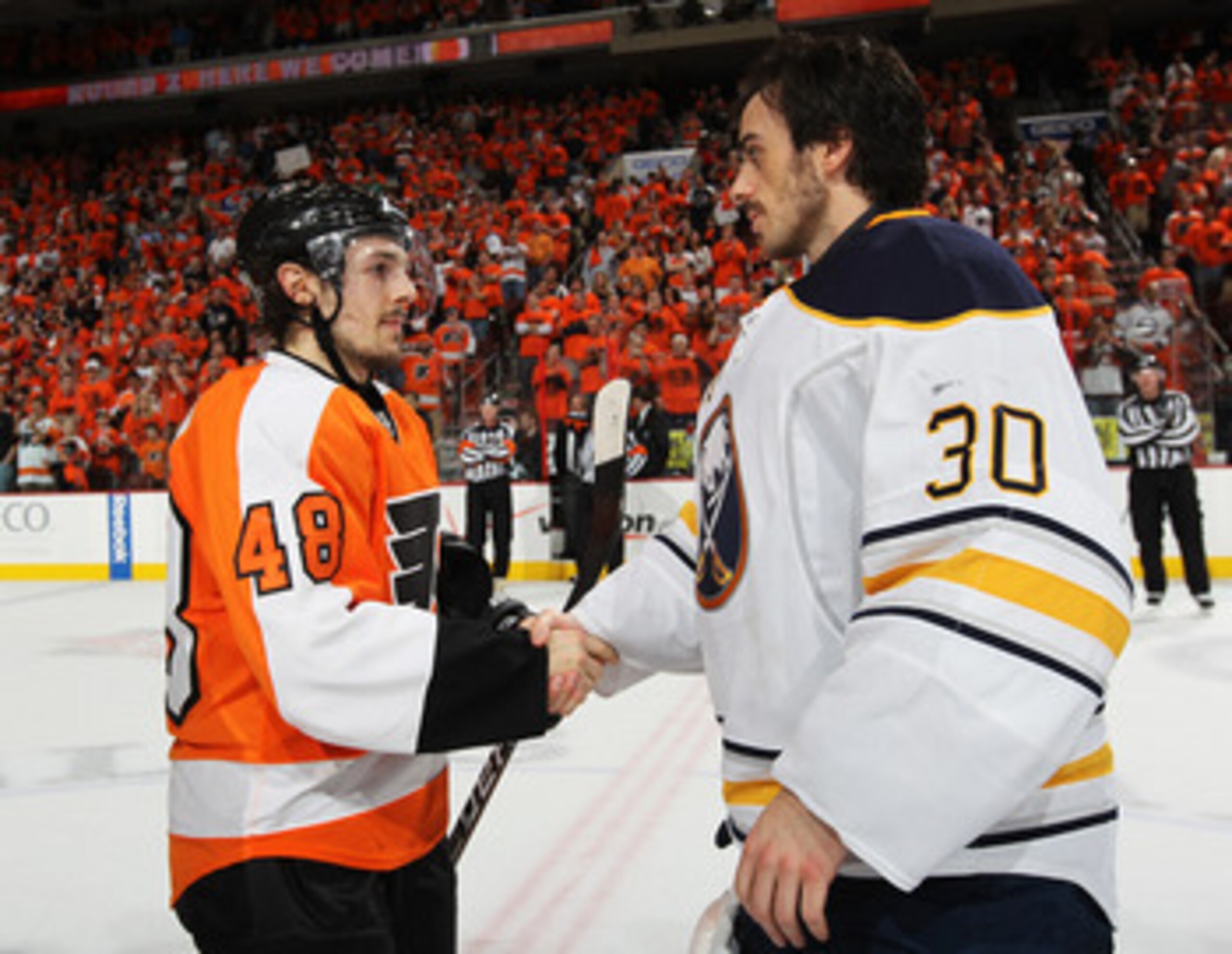 PHILADELPHIA, PA - APRIL 26:  Danny Briere #48 of the Philadelphia Flyers shakes hands with Ryan Miller #30 of the Buffalo Sabres after the Flyers defeated the Sabres 5 to 2 in Game Seven of the Eastern Conference Quarterfinals during the 2011 NHL Stanley
