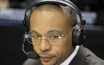 INDIANAPOLIS, IN - MARCH 10:  Big Ten Network announcer Gus Johnson calls the game between the Penn State Nittany Lions and the Indiana Hoosiers during the first round of the 2011 Big Ten Men's Basketball Tournament at Conseco Fieldhouse on March 10, 2011