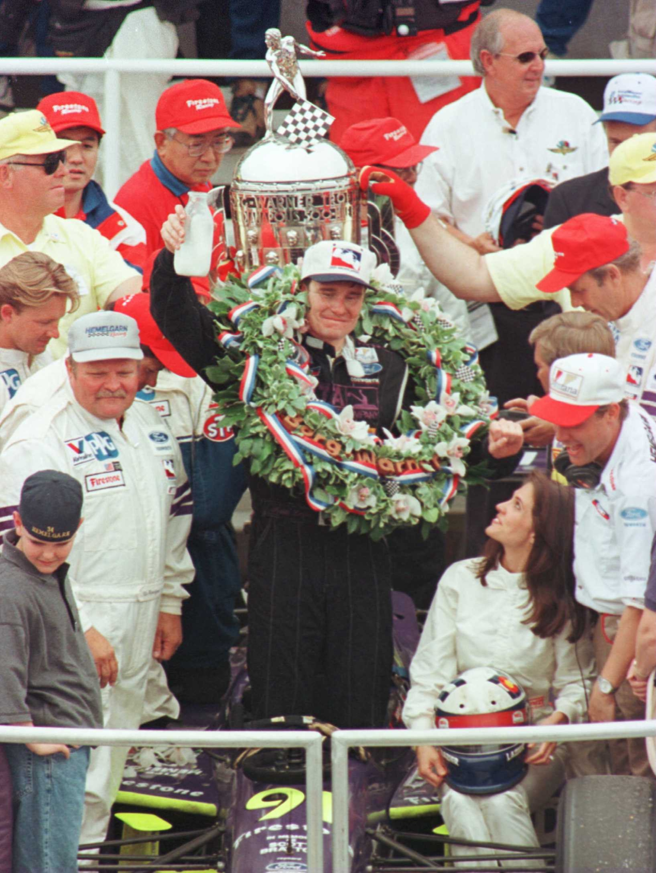 26 May 1996: Buddy Lazier celebrates winning the Indianapolis 500 at the Indianapolis Motor Speedway in Indianapolis, Indiana. Lazier won with a time of 3:22:45.753. Mandatory Credit: Andy Lyons/ALLSPORT 26 May 1996: Buddy Lazier celebrates winning the Indianapolis 500 at the Indianapolis Motor Speedway in Indianapolis, Indiana. Lazier won with a time of 3:22:45.753. Mandatory Credit: Andy Lyons/ALLSPORT