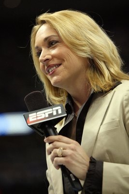 DENVER - MAY 29:  ESPN's Doris Burke speaks during a timeout in Game Six of the Western Conference Finals during the 2009 NBA Playoffs between the Los Angeles Lakers and the Denver Nuggets at Pepsi Center on May 29, 2009 in Denver, Colorado. NOTE TO USER: