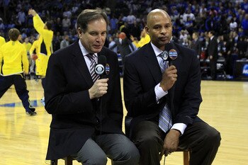 CHARLOTTE, NC - MARCH 20:  Broadcasters Jim Nantz and Clark Kellogg speak during the third round of the 2011 NCAA men's basketball tournament at Time Warner Cable Arena on March 20, 2011 in Charlotte, North Carolina.  (Photo by Streeter Lecka/Getty Images