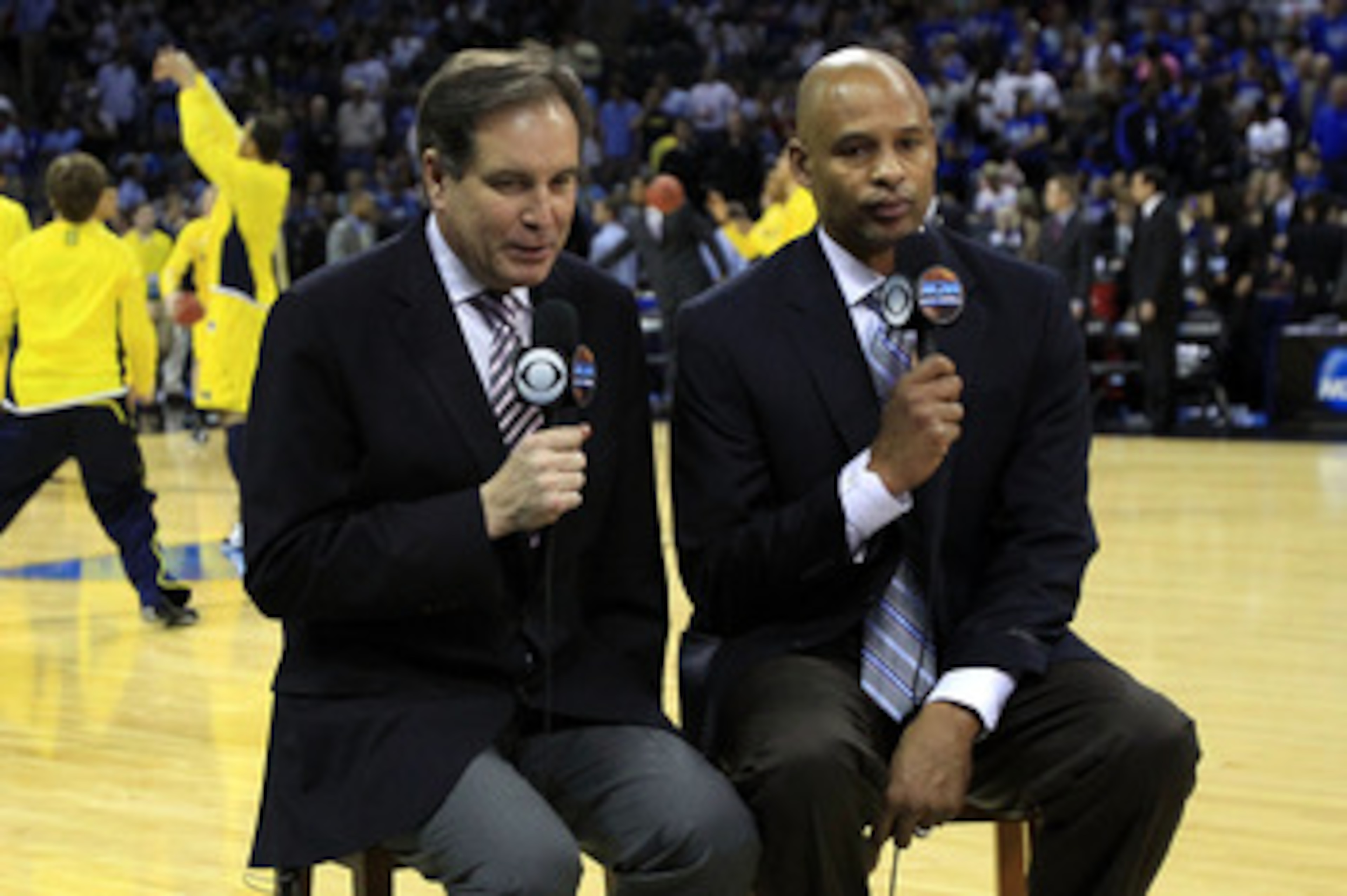 CHARLOTTE, NC - MARCH 20: Broadcasters Jim Nantz and Clark Kellogg speak during the third round of the 2011 NCAA men's basketball tournament at Time Warner Cable Arena on March 20, 2011 in Charlotte, North Carolina. (Photo by Streeter Lecka/Getty Images CHARLOTTE, NC - MARCH 20: Broadcasters Jim Nantz and Clark Kellogg speak during the third round of the 2011 NCAA men's basketball tournament at Time Warner Cable Arena on March 20, 2011 in Charlotte, North Carolina. (Photo by Streeter Lecka/Getty Images