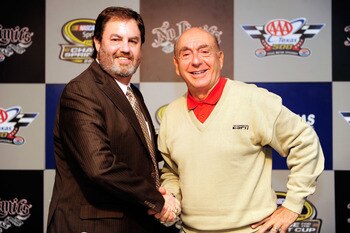 FORT WORTH, TX - NOVEMBER 07:  Texas Motor Speedway president Eddie Gossage (L) and sportscaster Dick Vitale pose in the media center prior to the start of the NASCAR Sprint Cup Series AAA Texas 500 at Texas Motor Speedway on November 7, 2010 in Fort Wort