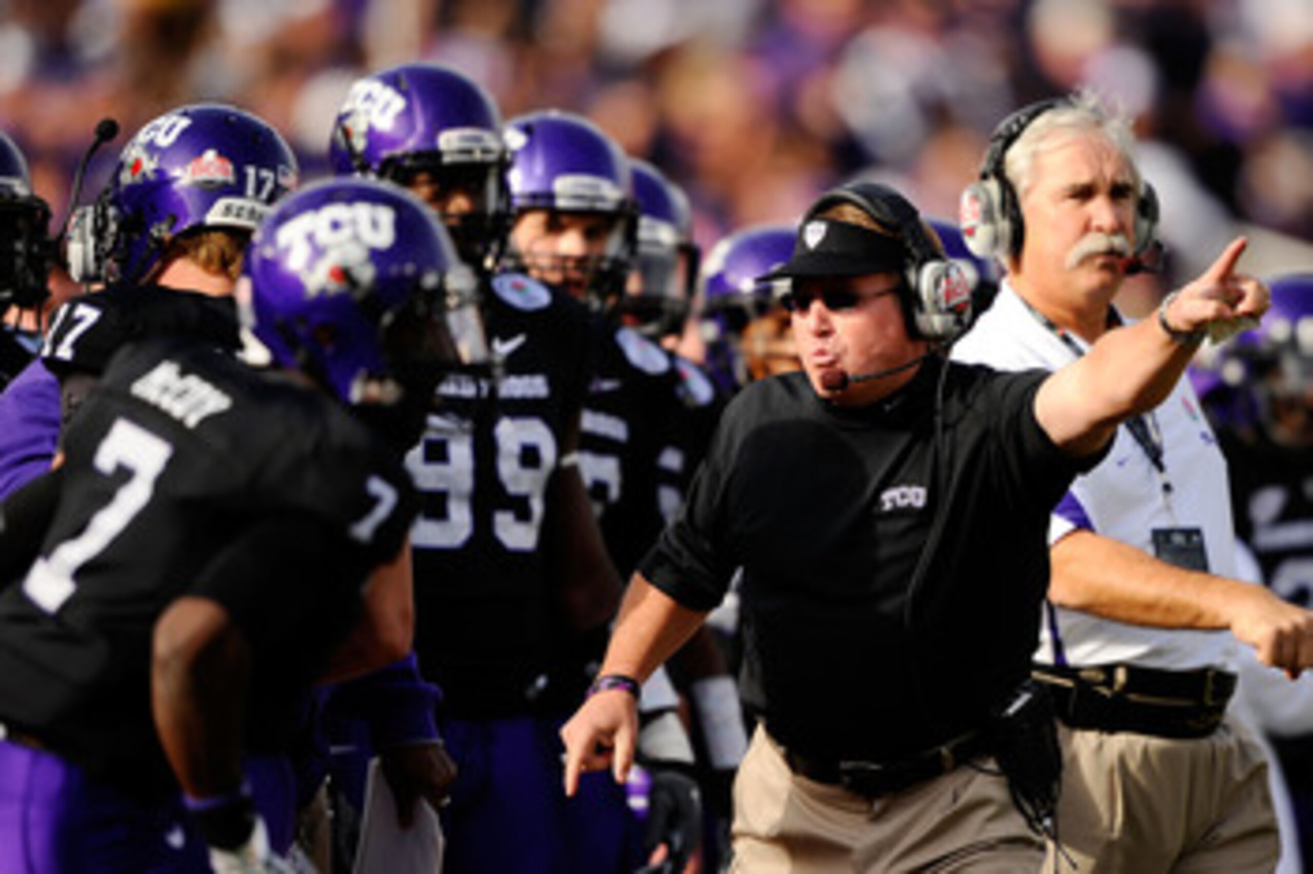 PASADENA, CA - JANUARY 01:  Head coach Gary Patterson of the TCU Horned Frogs stands on the sidelines against the Wisconsin Badgers during the 97th Rose Bowl game on January 1, 2011 in Pasadena, California.  (Photo by Kevork Djansezian/Getty Images)