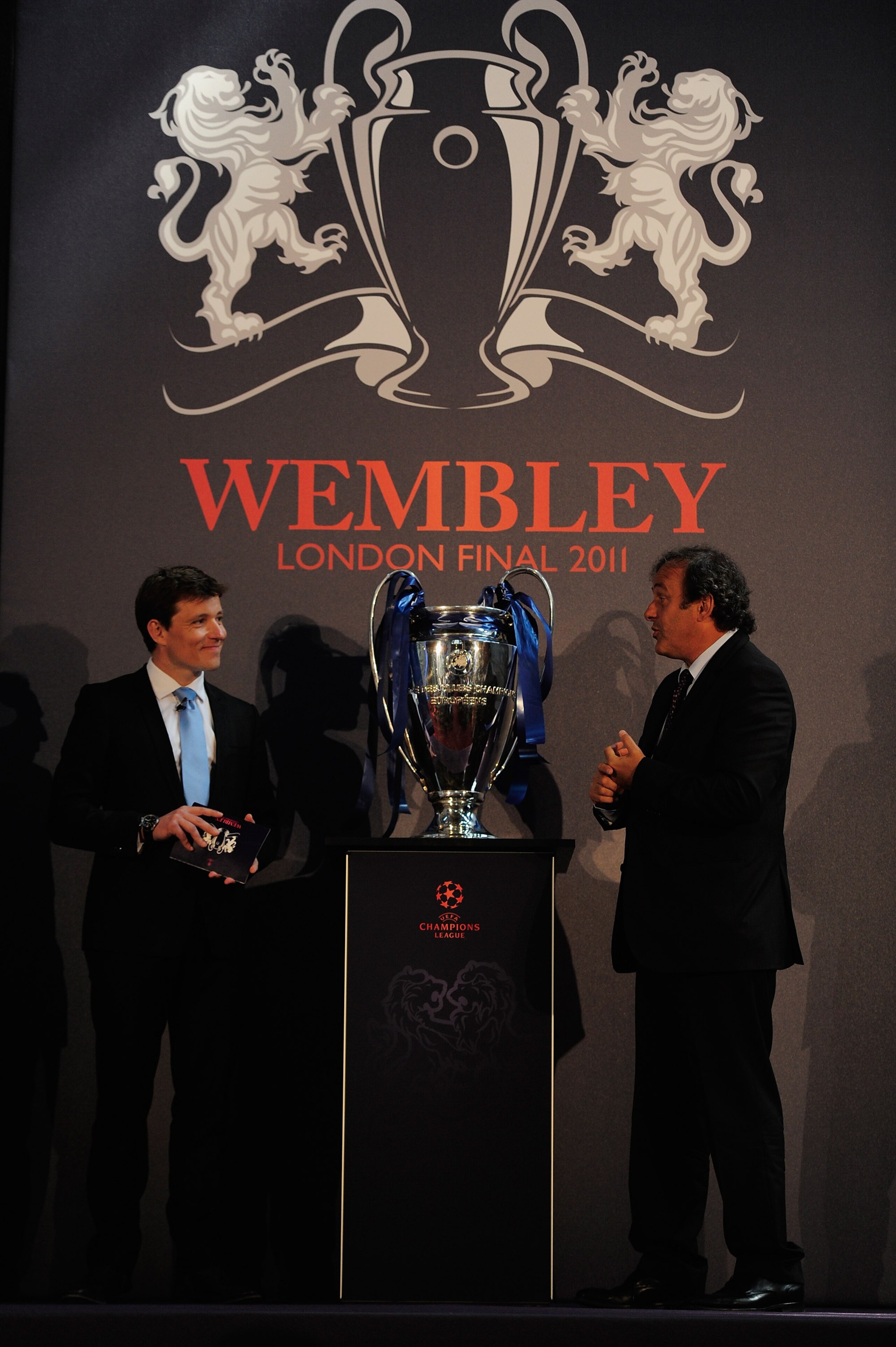 LONDON, ENGLAND - APRIL 20:  UEFA President Michel Platini with the UEFA Champions League Trophy at the Guildhall on April 20, 2011 in London, England.  (Photo by Jamie McDonald/Getty Images)