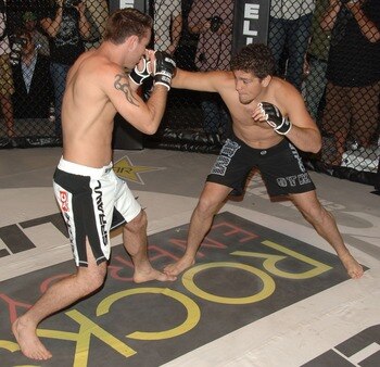 STUDIO CITY, CA - MAY 19:  MMA fighters Jake Shields (L) and Nick Diaz demonstrate MMA fighting techniques at CBS's 'Elite XC Saturday Night Fights' Press Conference at CBS Radford Studios on May 19, 2008 in Studio City, California.  (Photo by Stephen Shu